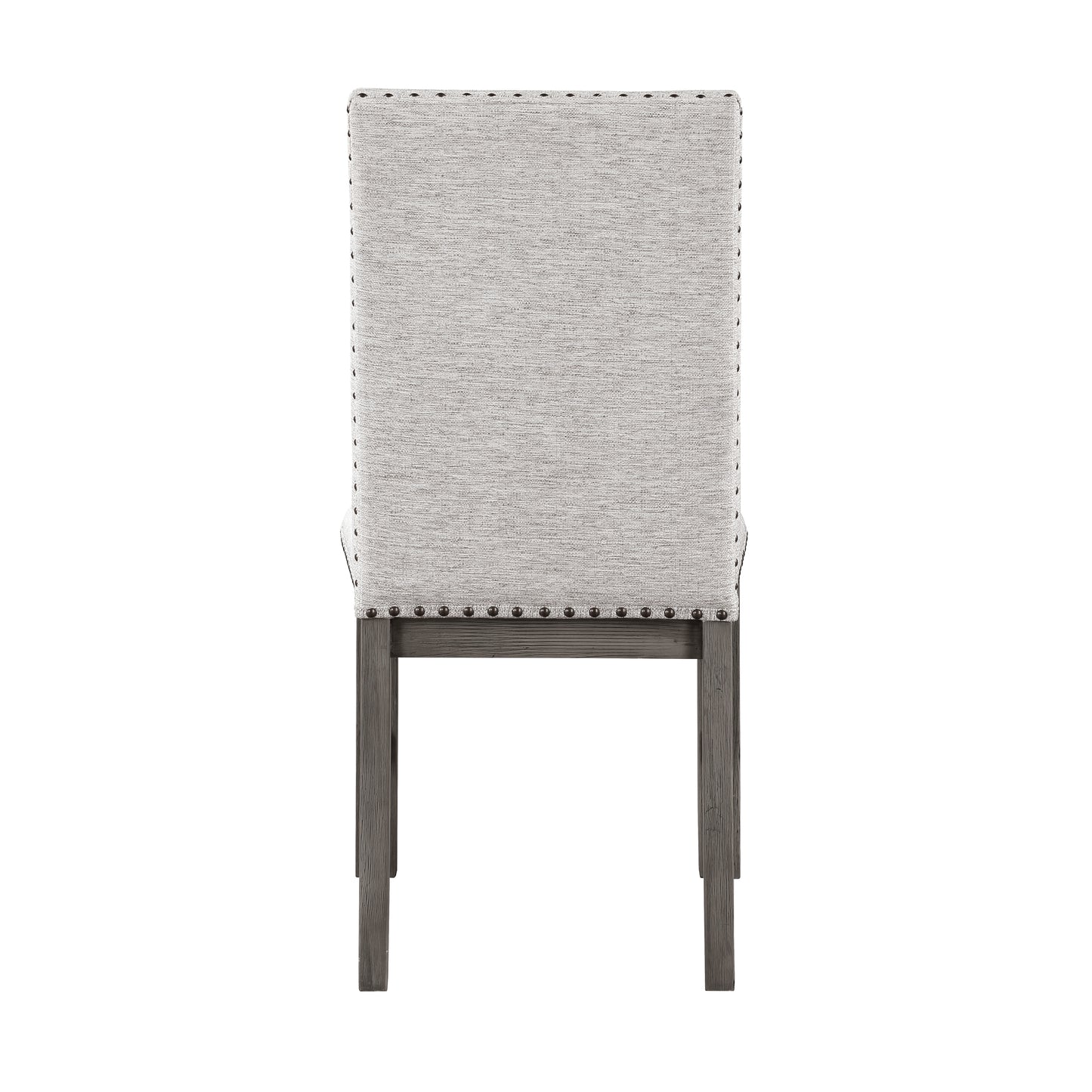 Back view of a tufted upholstered dining chair in light gray fabric with nailhead trim and dark wood legs