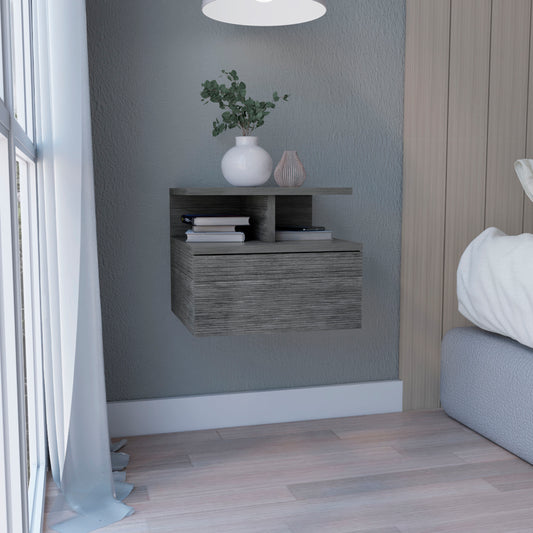 Modern grey floating nightstand with drawer and open shelf