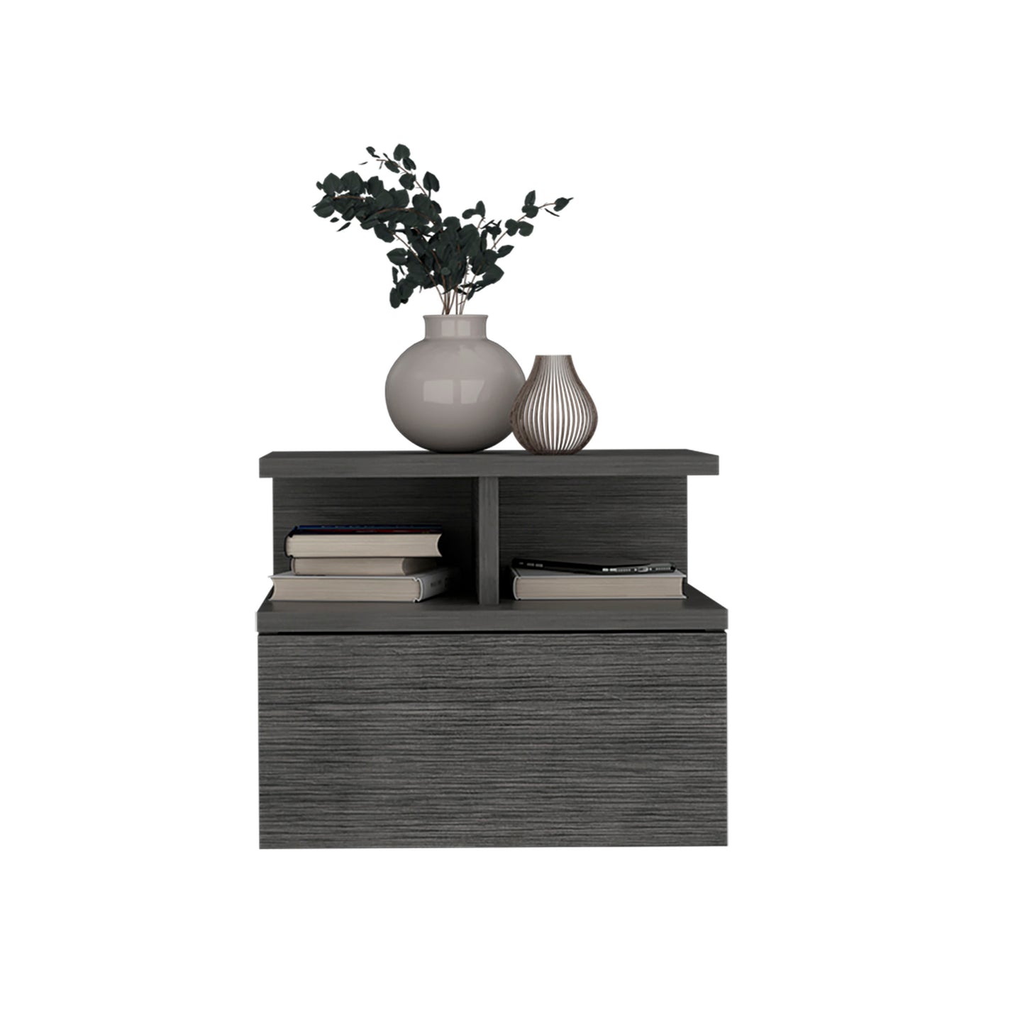 Dark gray modern nightstand with open shelves holding books and a phone