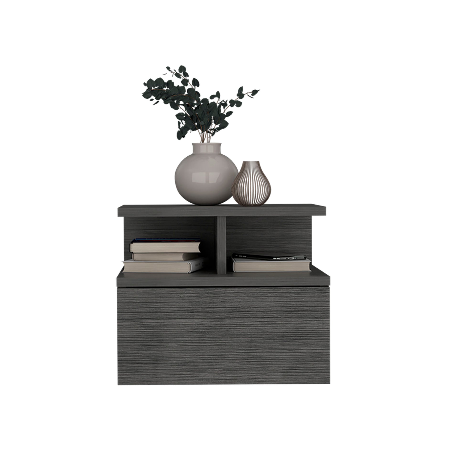 Dark gray modern nightstand with open shelves holding books and a phone