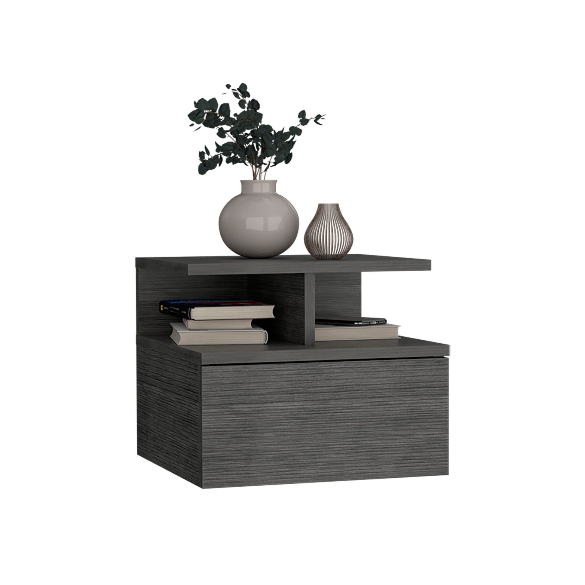 Dark grey wood grain floating nightstand with open shelves and a drawer