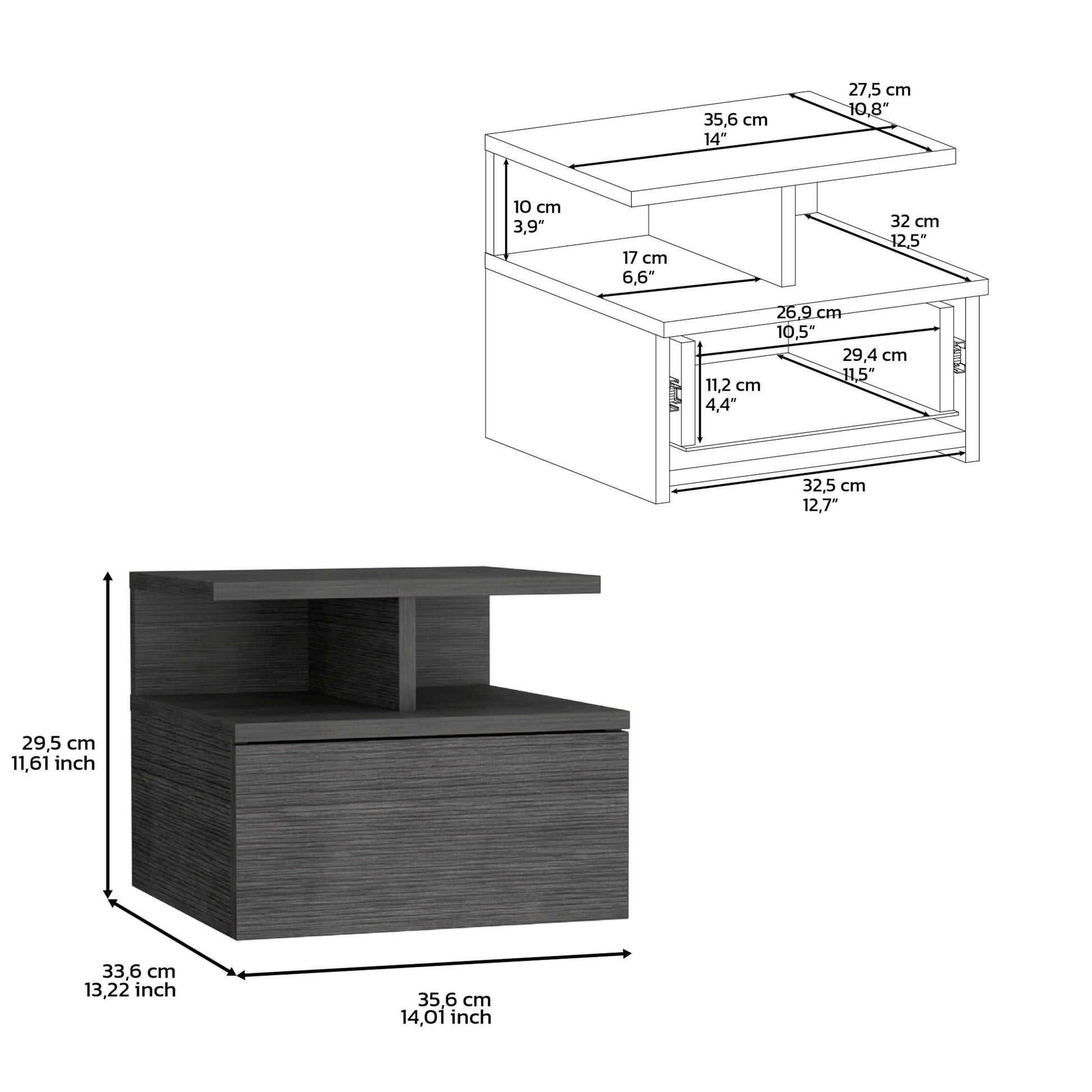 Dark grey modern nightstand with one drawer and floating shelf dimensions shown