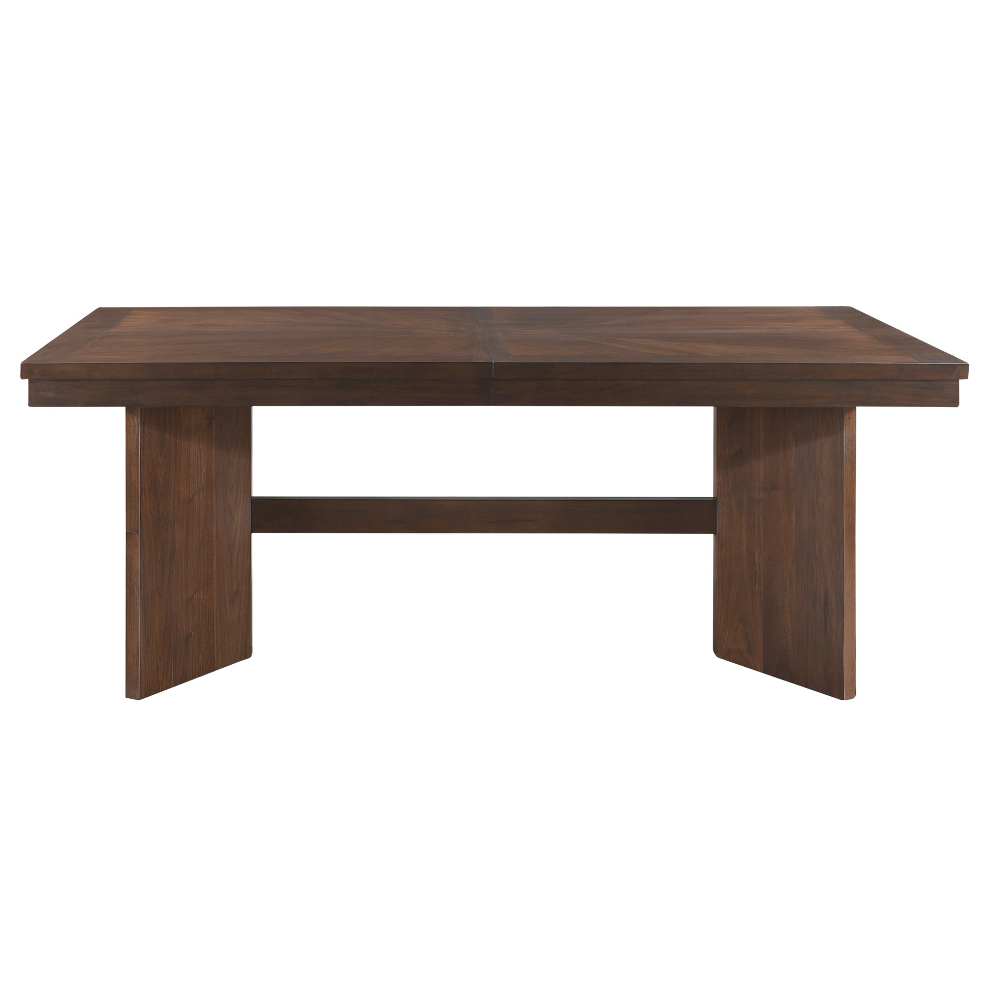 Dark wood dining table with geometric inlay pattern and thick legs