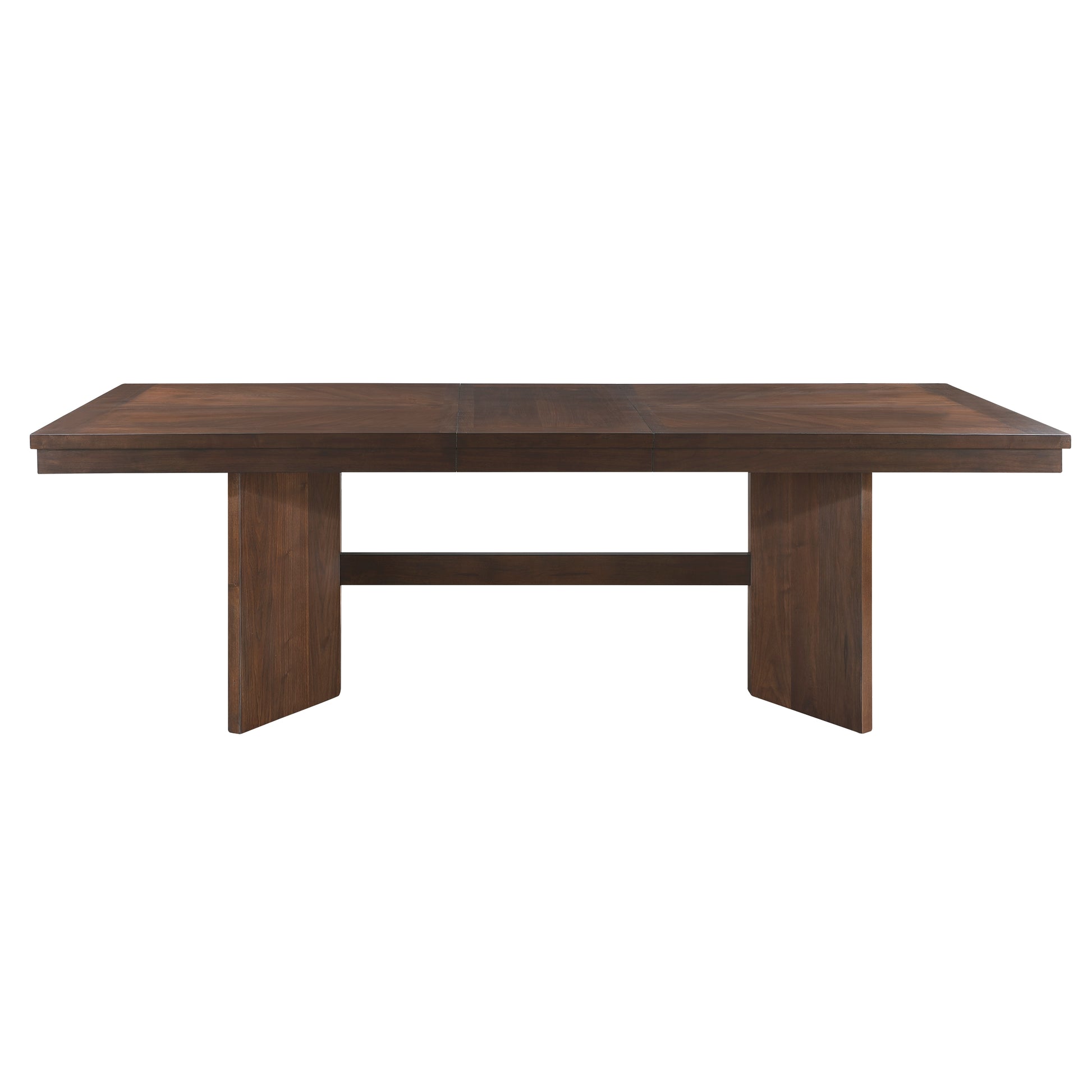 Dark walnut dining table with striking geometric base perfect for modern homes