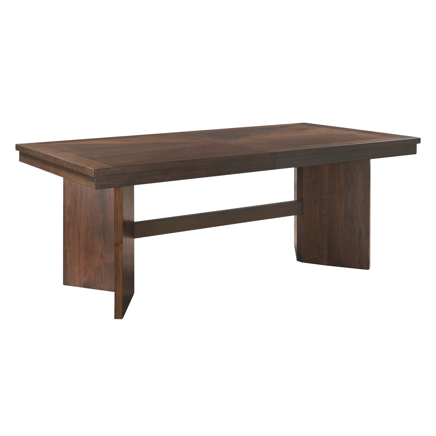 Dark wood dining table with geometric inlay and sturdy pedestal legs