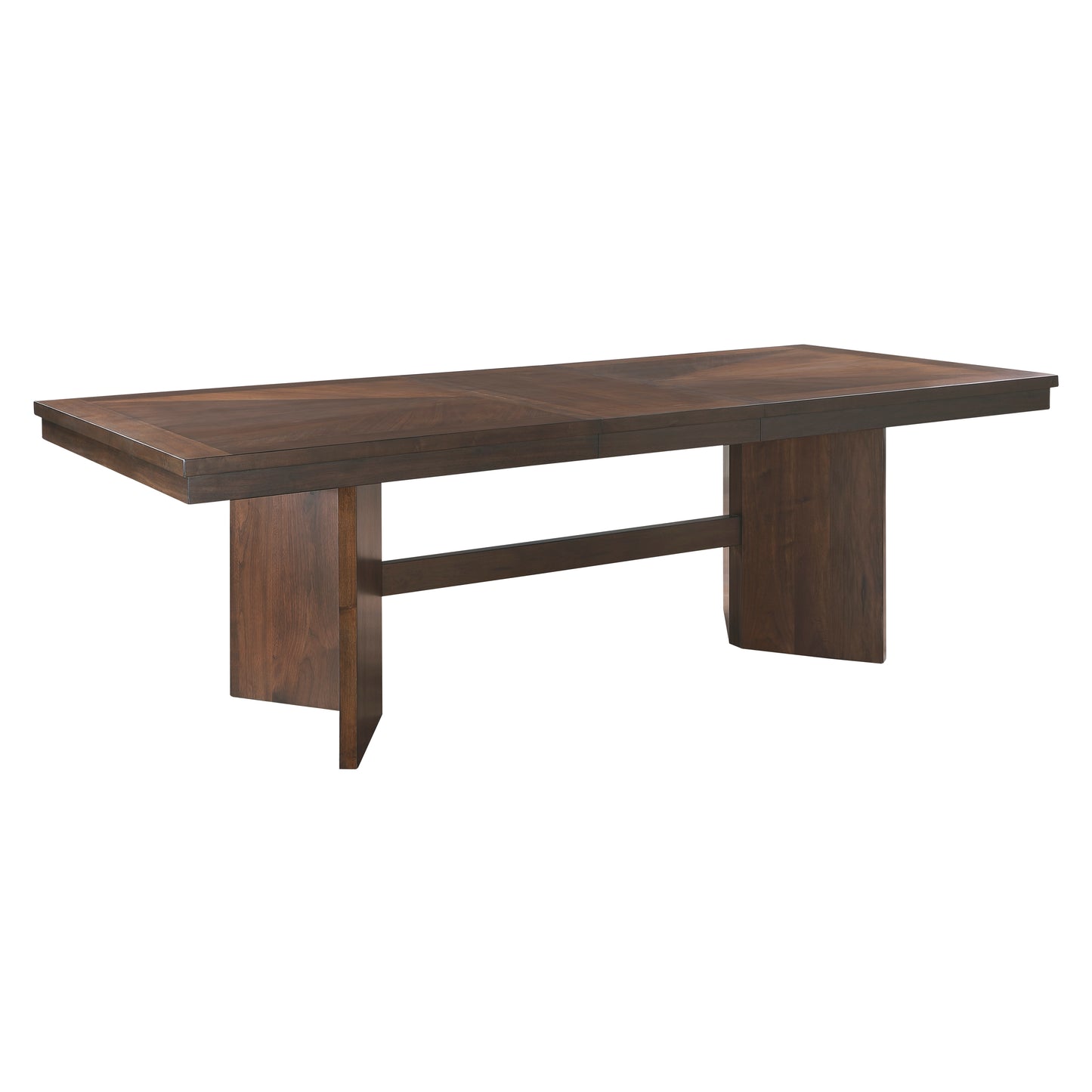 Dark wood dining table with chevron inlay modern pedestal base