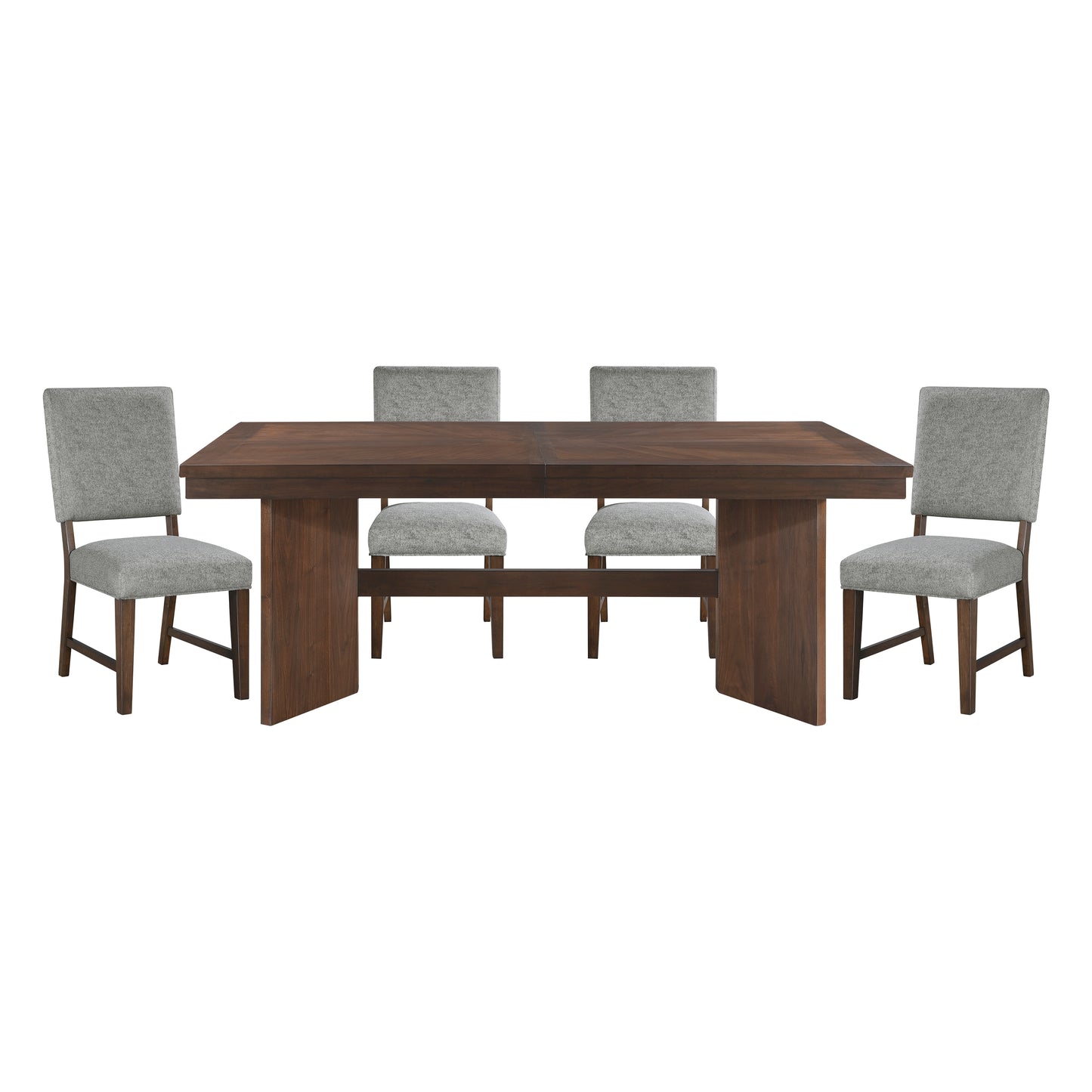 Dark brown modern dining table with four grey upholstered chairs for contemporary dining rooms