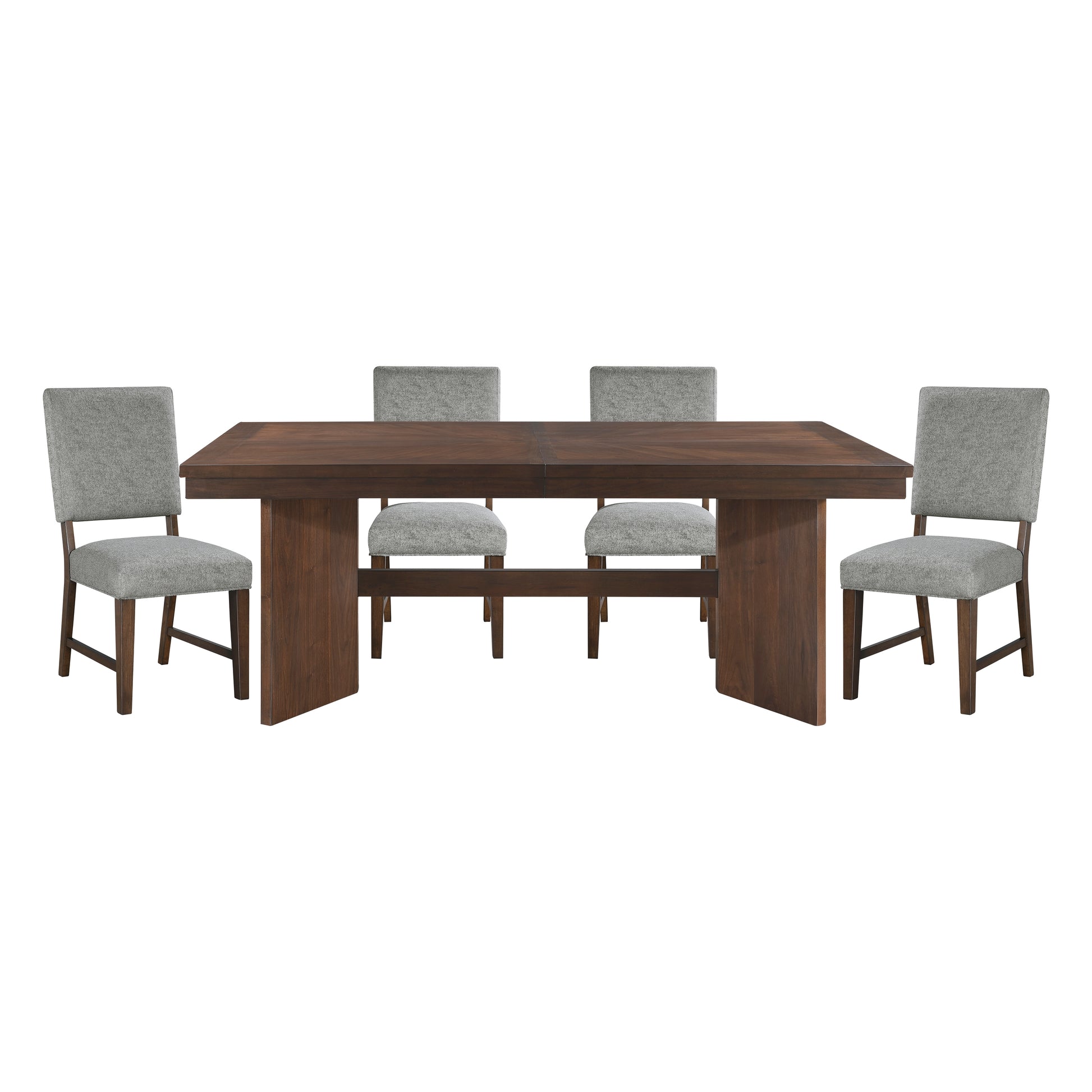 Dark brown modern dining table with four grey upholstered chairs for contemporary dining rooms