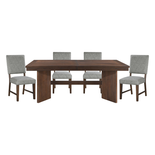 Dark brown modern dining table with four grey upholstered chairs for contemporary dining rooms