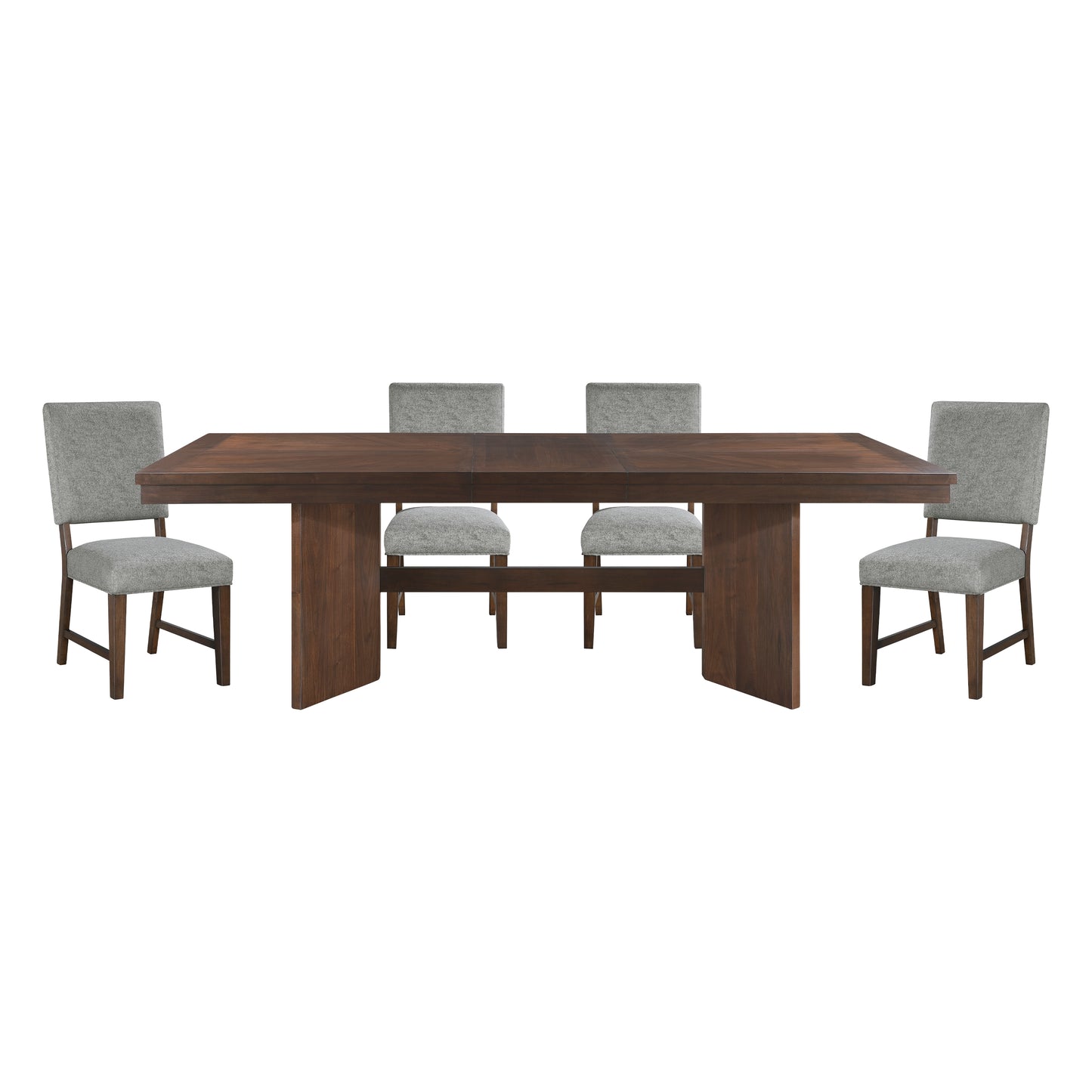Dark wood dining table with four grey upholstered chairs