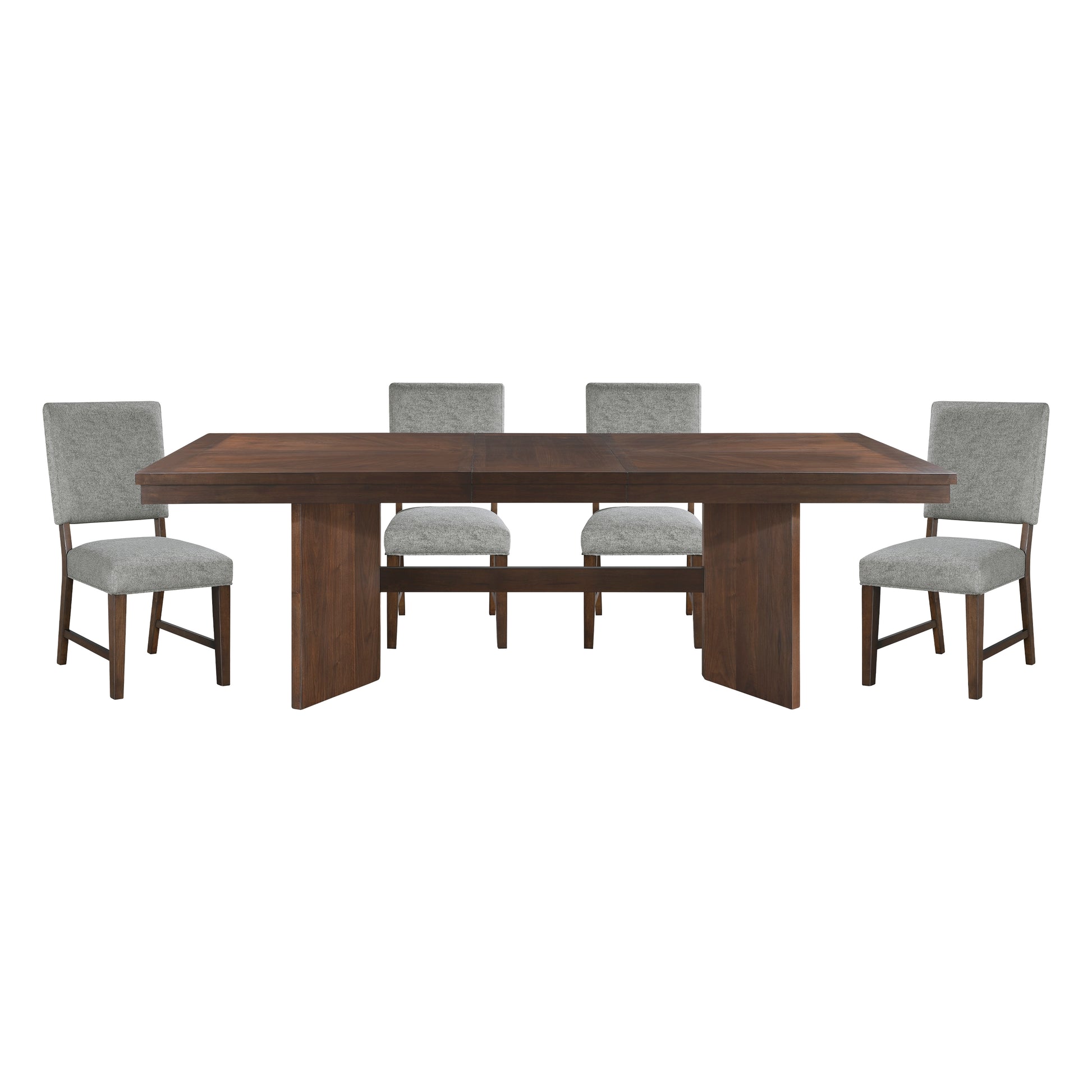 Dark wood dining table with four grey upholstered chairs