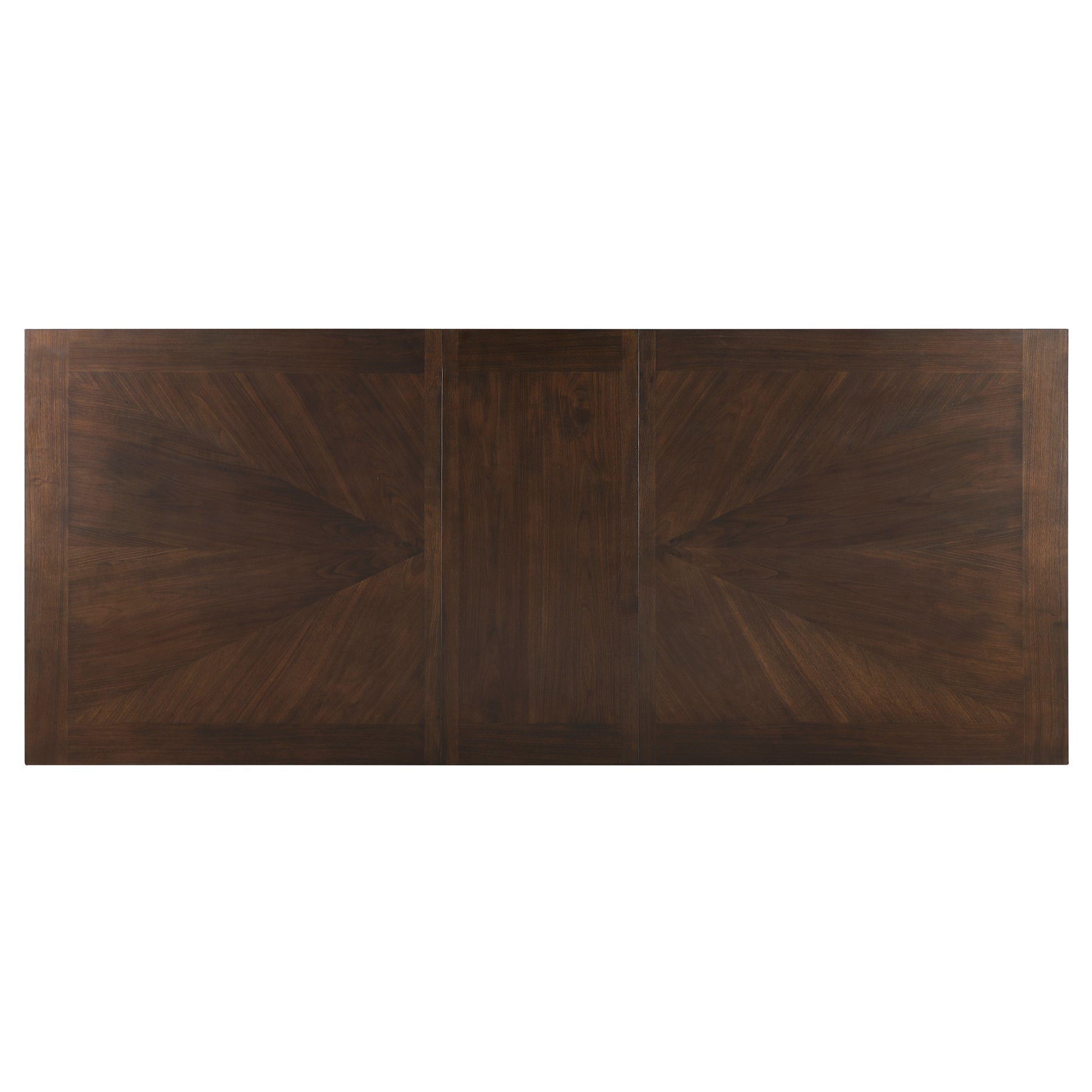 Top view of a dark walnut extending dining table with intricate wood grain pattern and beveled edges