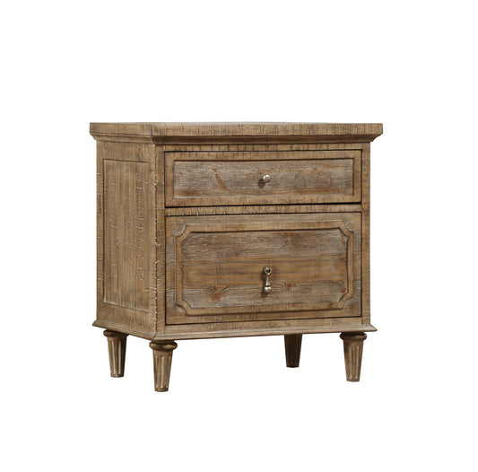 Rustic brown wood nightstand with two drawers and ornate carved details