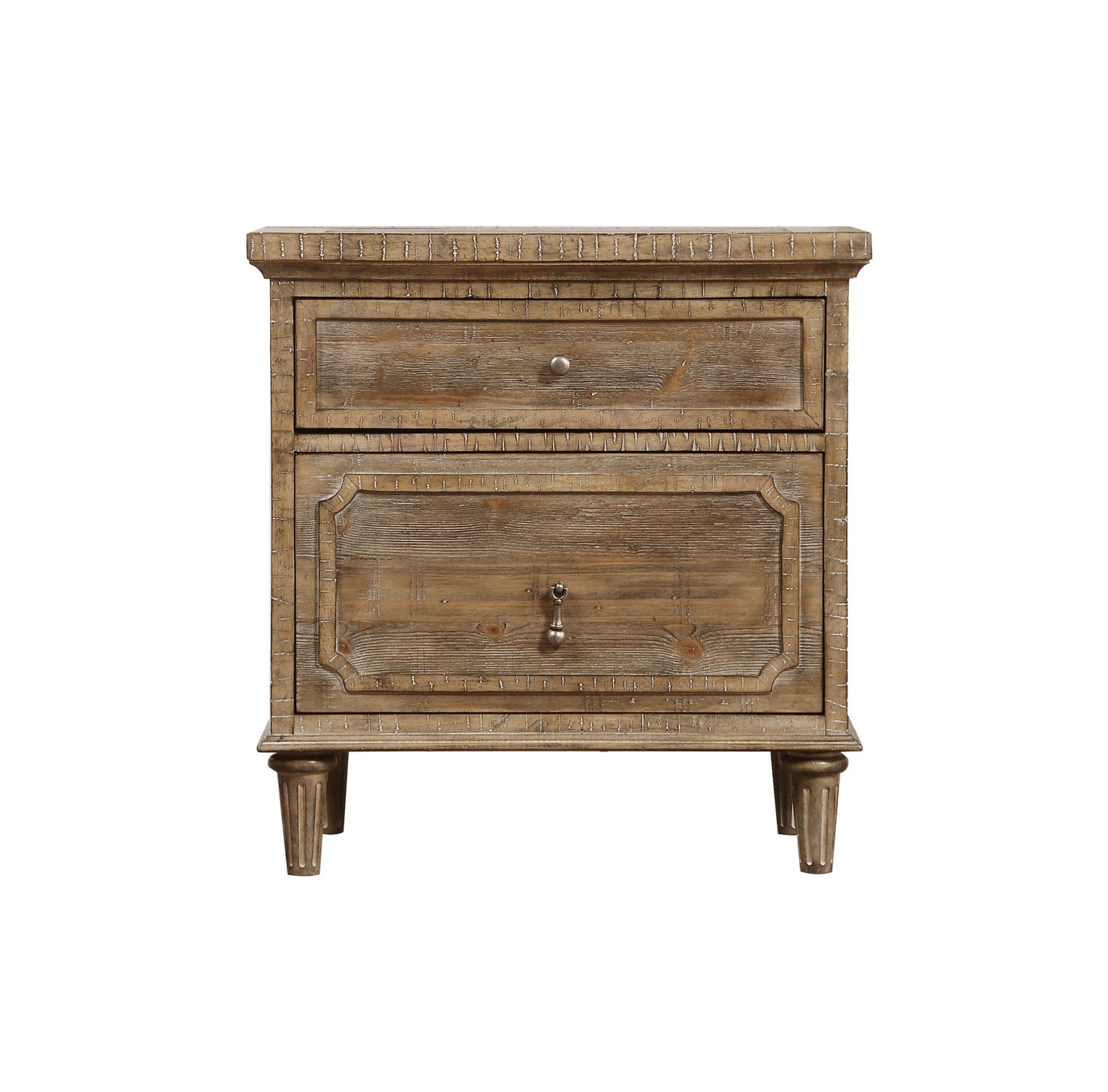 Rustic brown wood nightstand with two drawers and carved accents