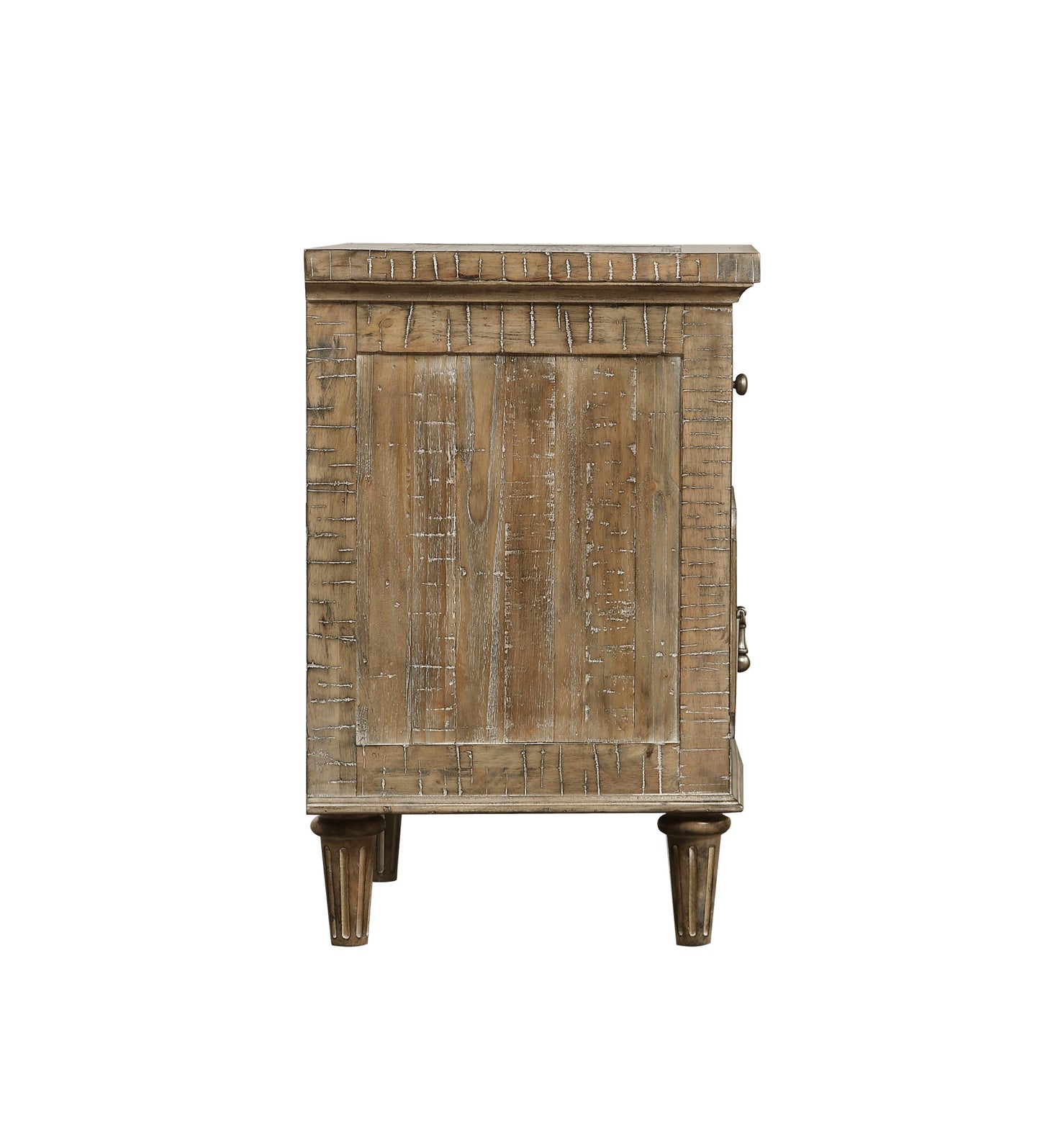Rustic wood accent cabinet with distressed finish and fluted legs
