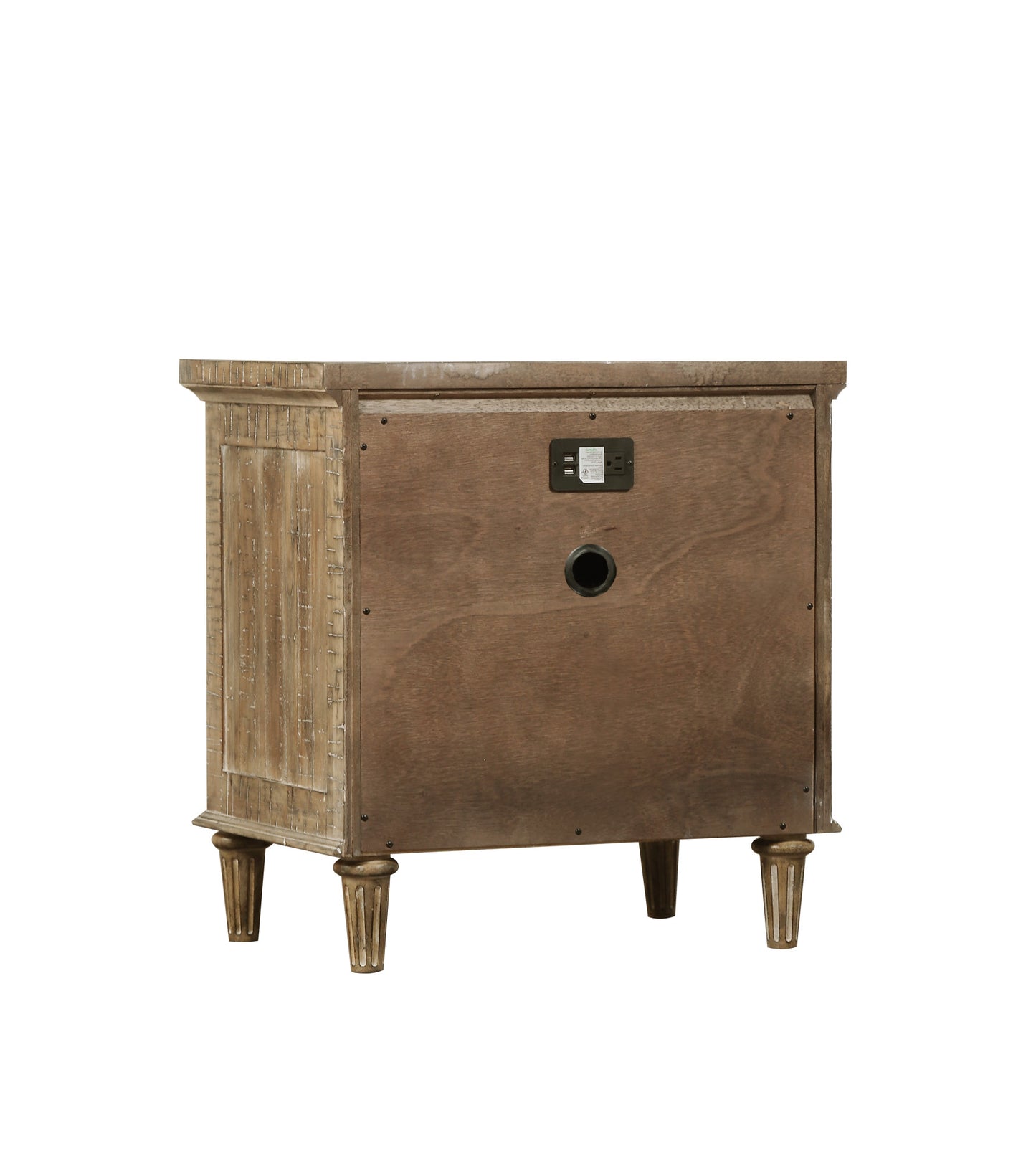 Rustic wood nightstand back view with integrated power outlet and cable management hole