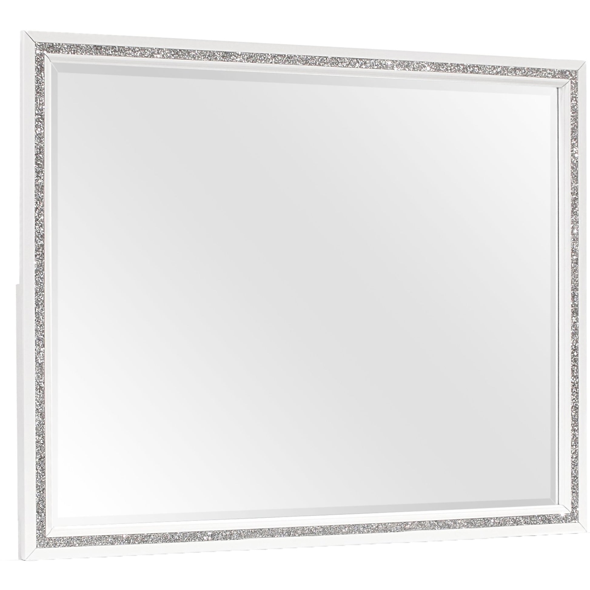 Rectangular wall mirror with a white frame and a crystalencrusted accent strip