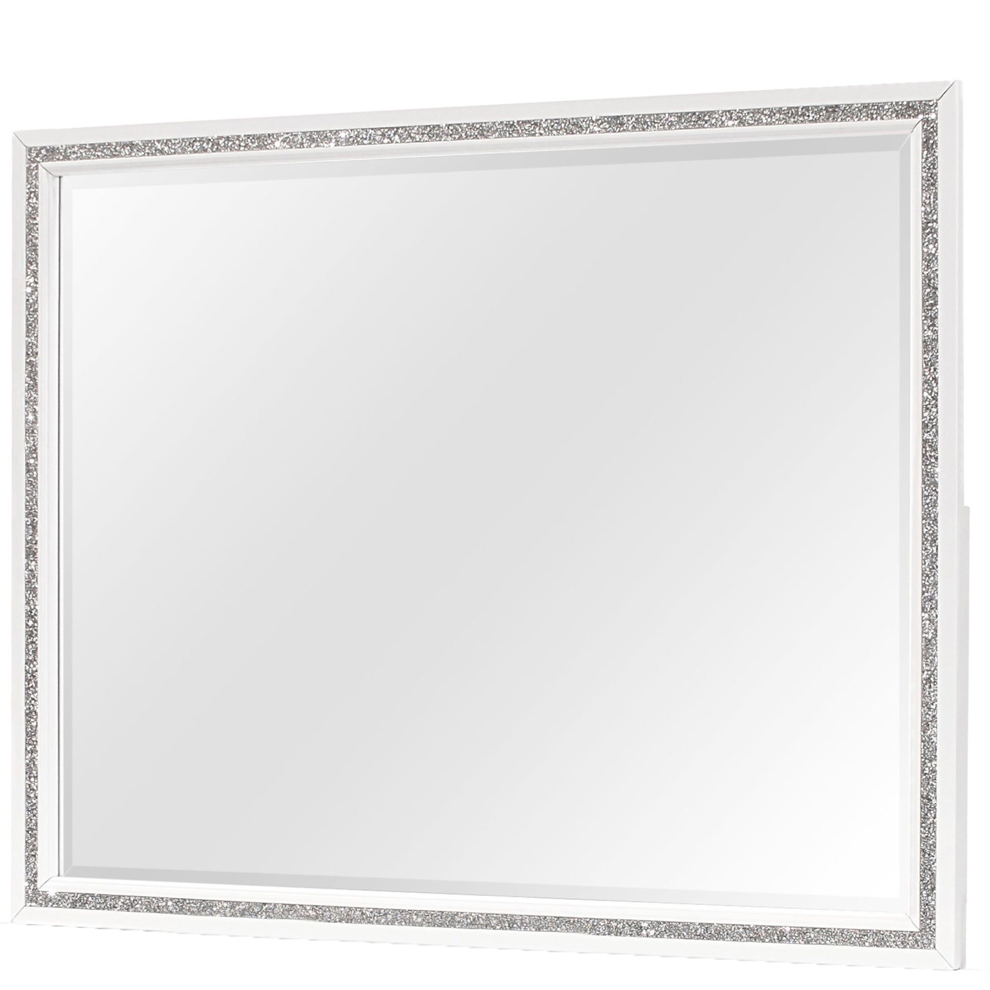 White rectangular wall mirror with a beveled edge and a crystalencrusted frame
