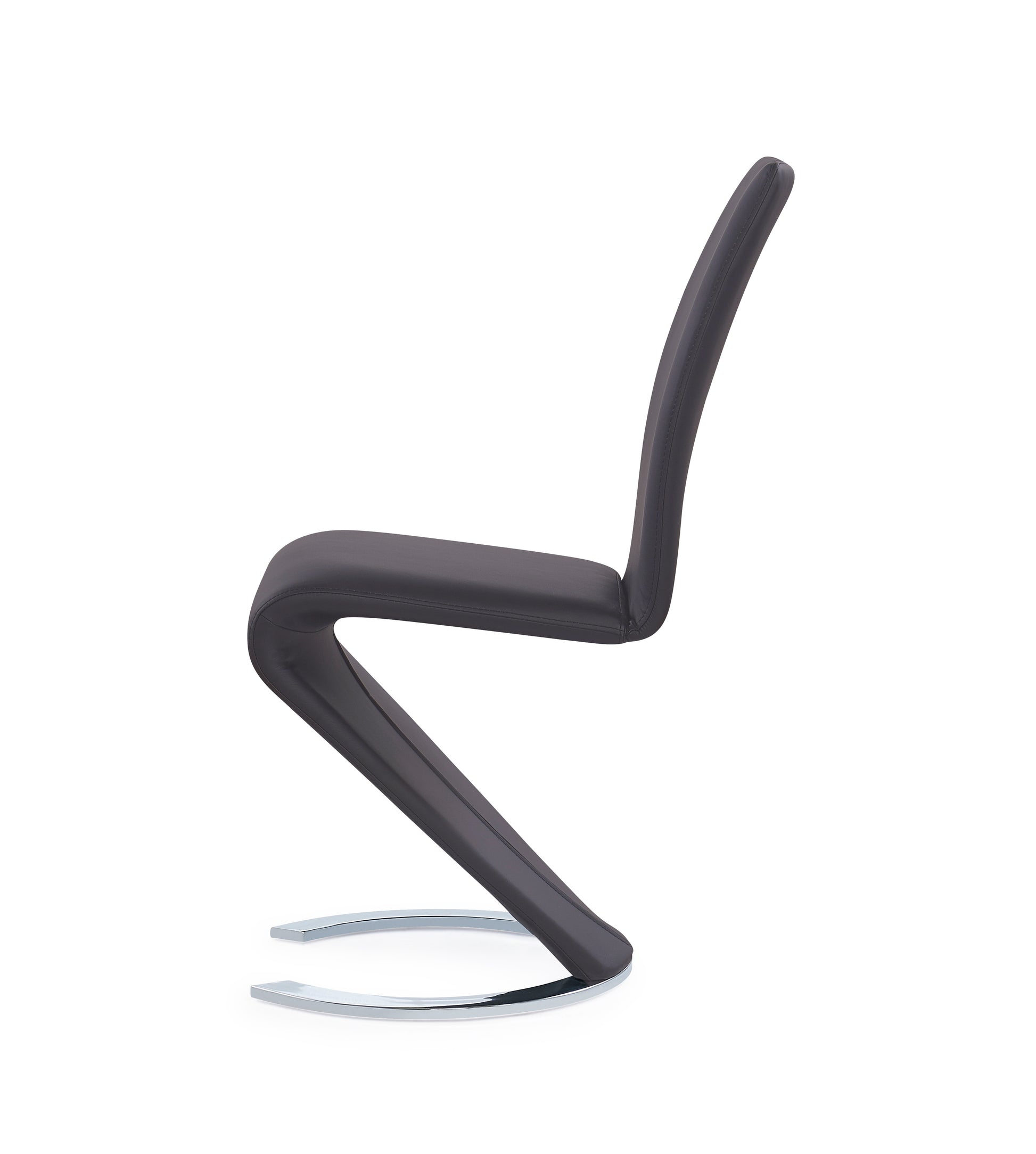 Contemporary dark grey faux leather chair with chrome sled base for modern dining