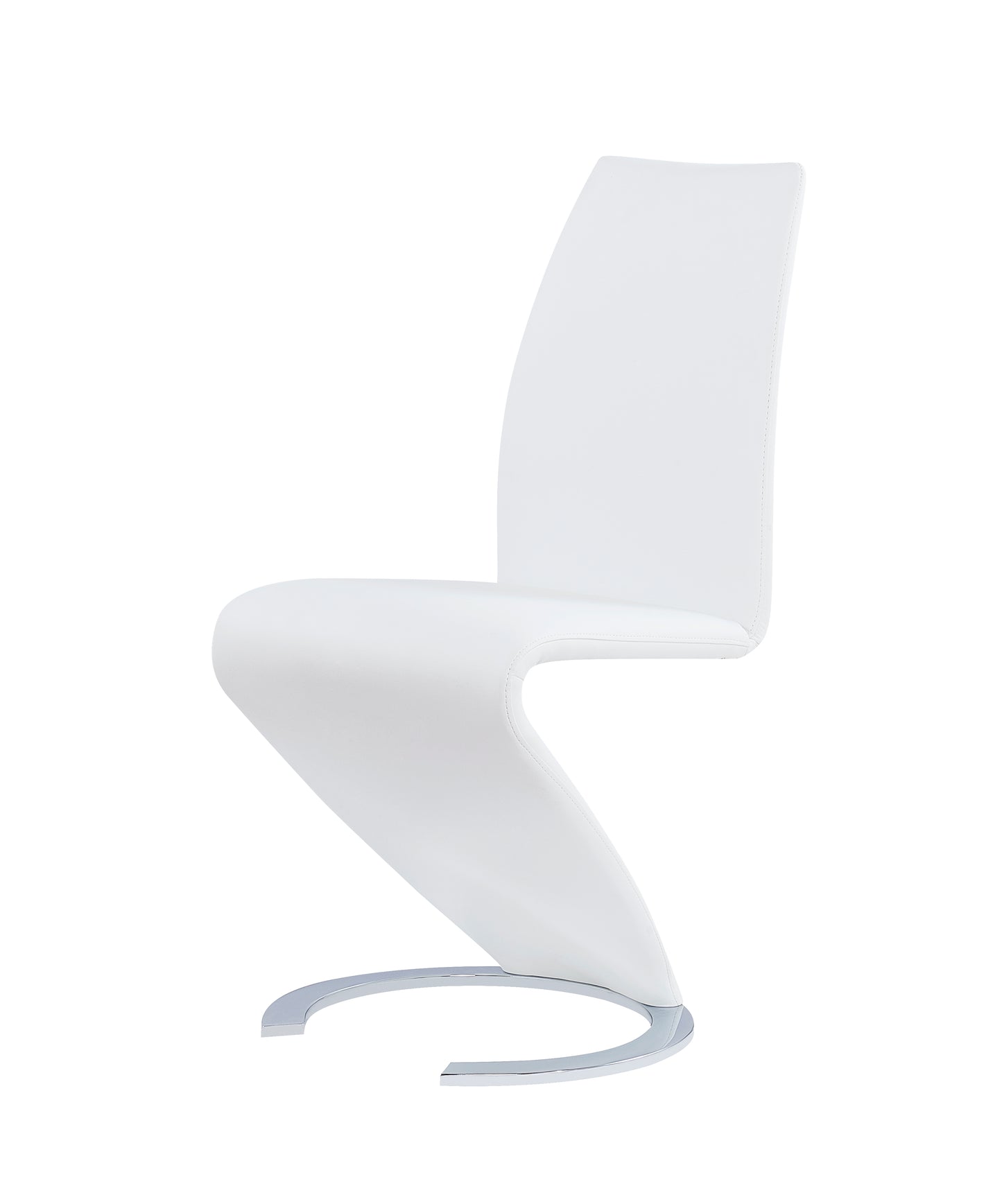 Modern white leather dining chair with sleek chrome base and curved silhouette