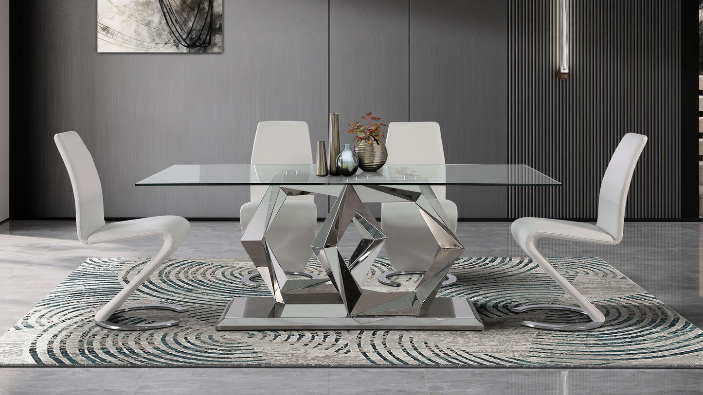 Modern glass dining table with striking chrome geometric pedestal base