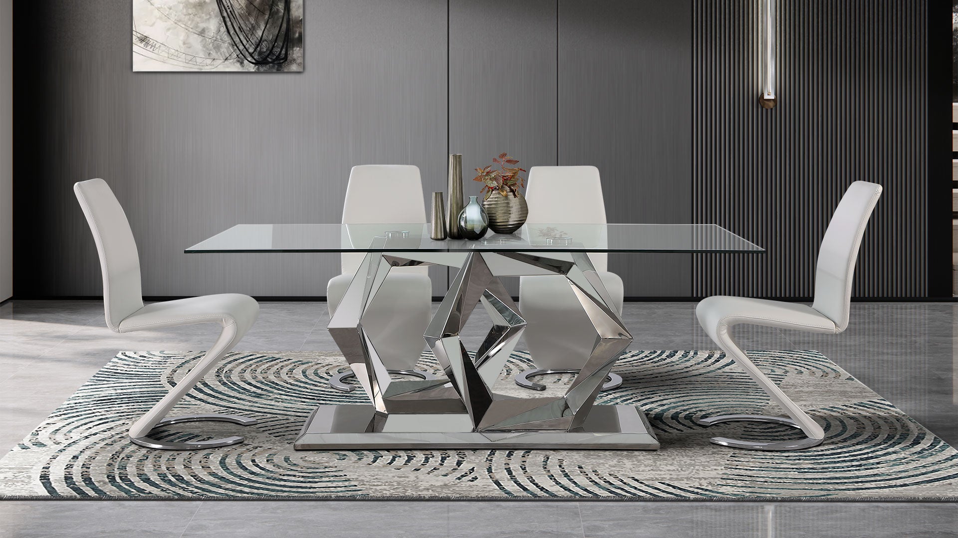Modern glass dining table with striking chrome geometric pedestal base