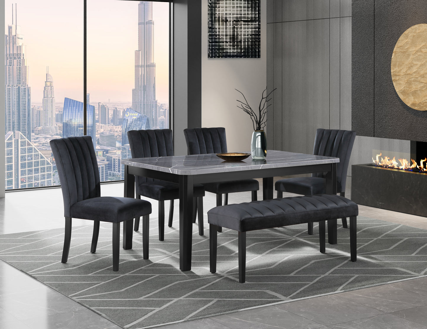 Gray velvet dining chairs with fluted backs part of a modern dining set