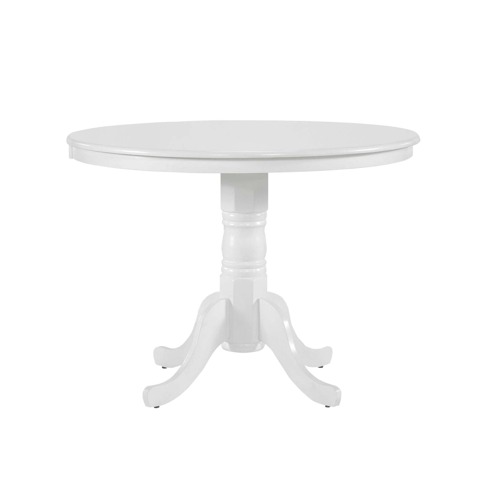 Elegant white pedestal dining table with a classic turned base perfect for compact spaces