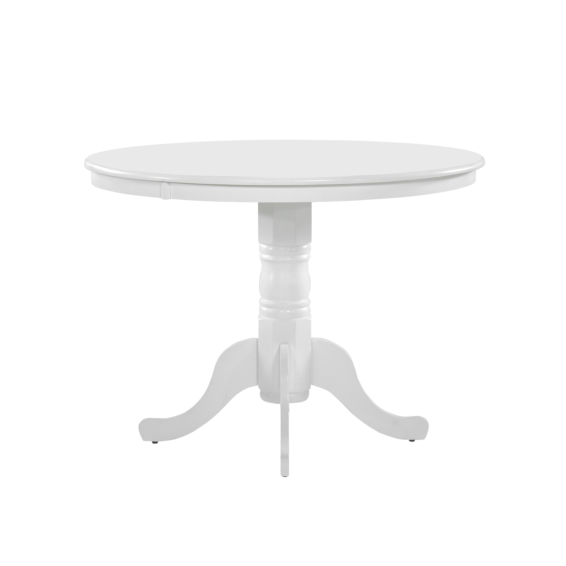 Round white pedestal dining table with a pedestal base and ornate legs for compact spaces