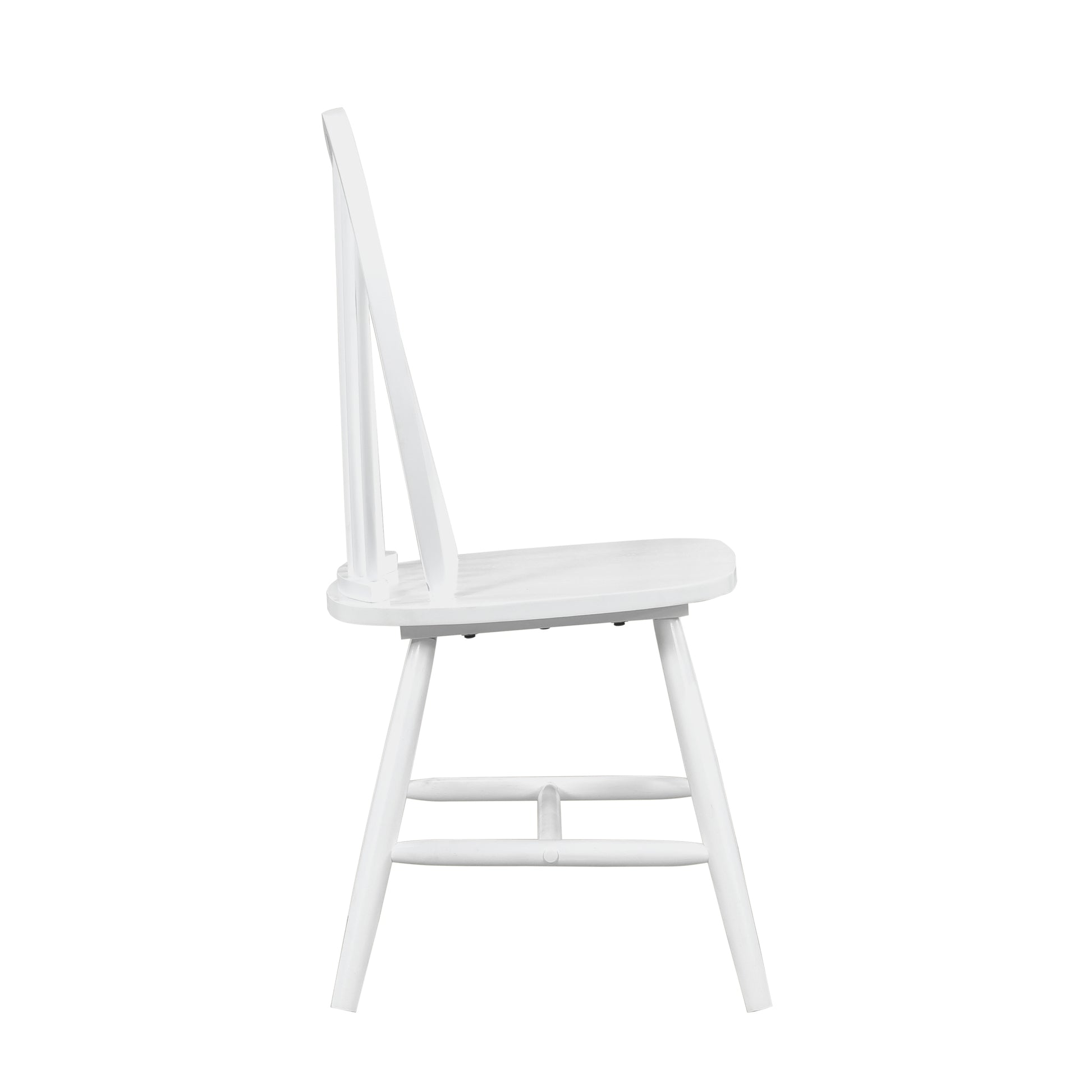 White wooden spindleback dining chair from the side profile