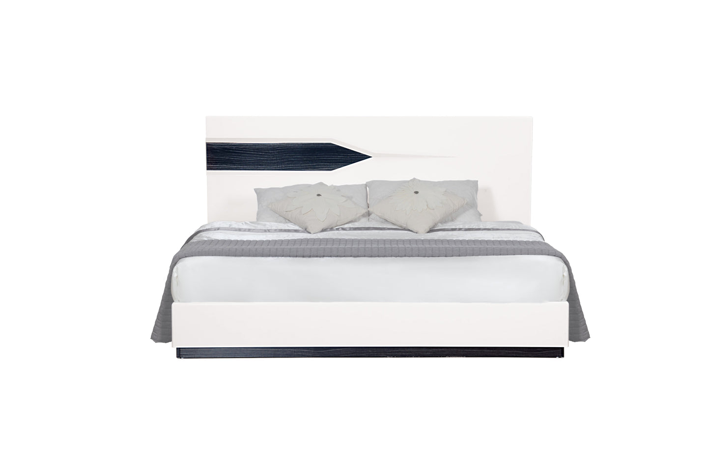 Modern white platform bed frame with dark wood accent and grey bedding