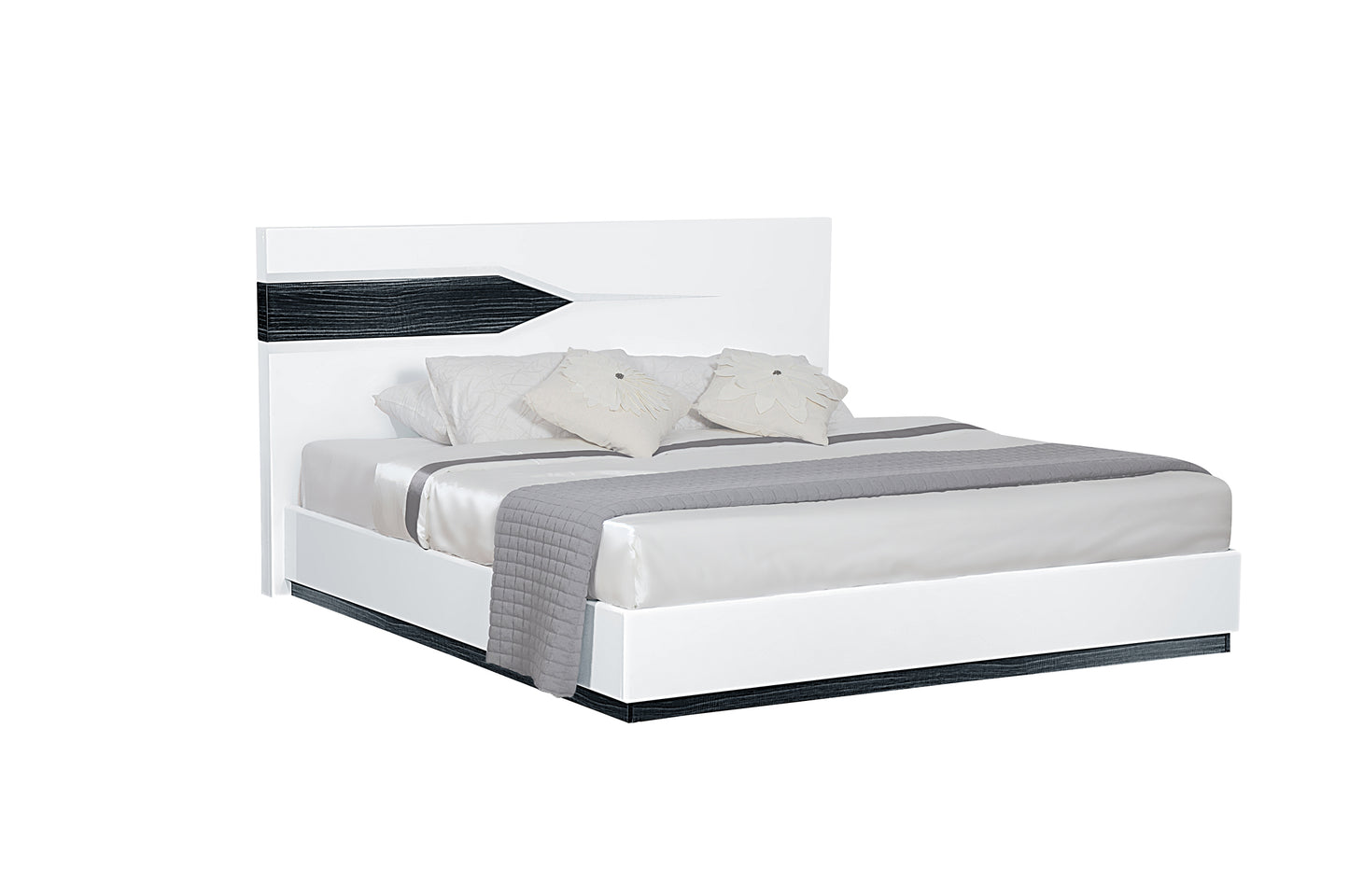 Modern white and black platform bed with grey throw blanket