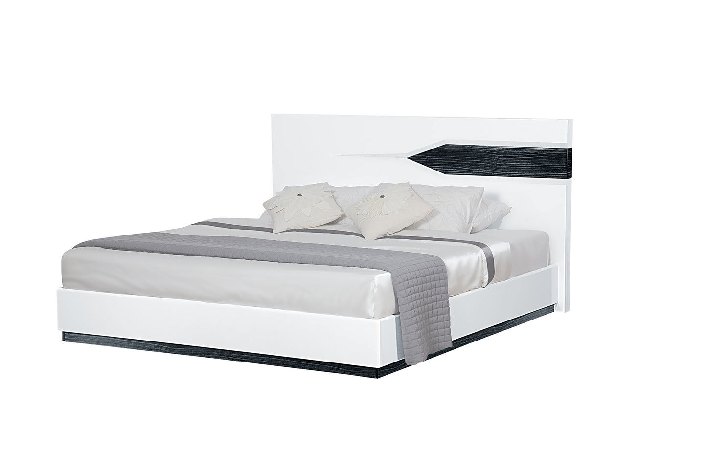 Modern white platform bed with a black wood grain accent headboard and grey throw