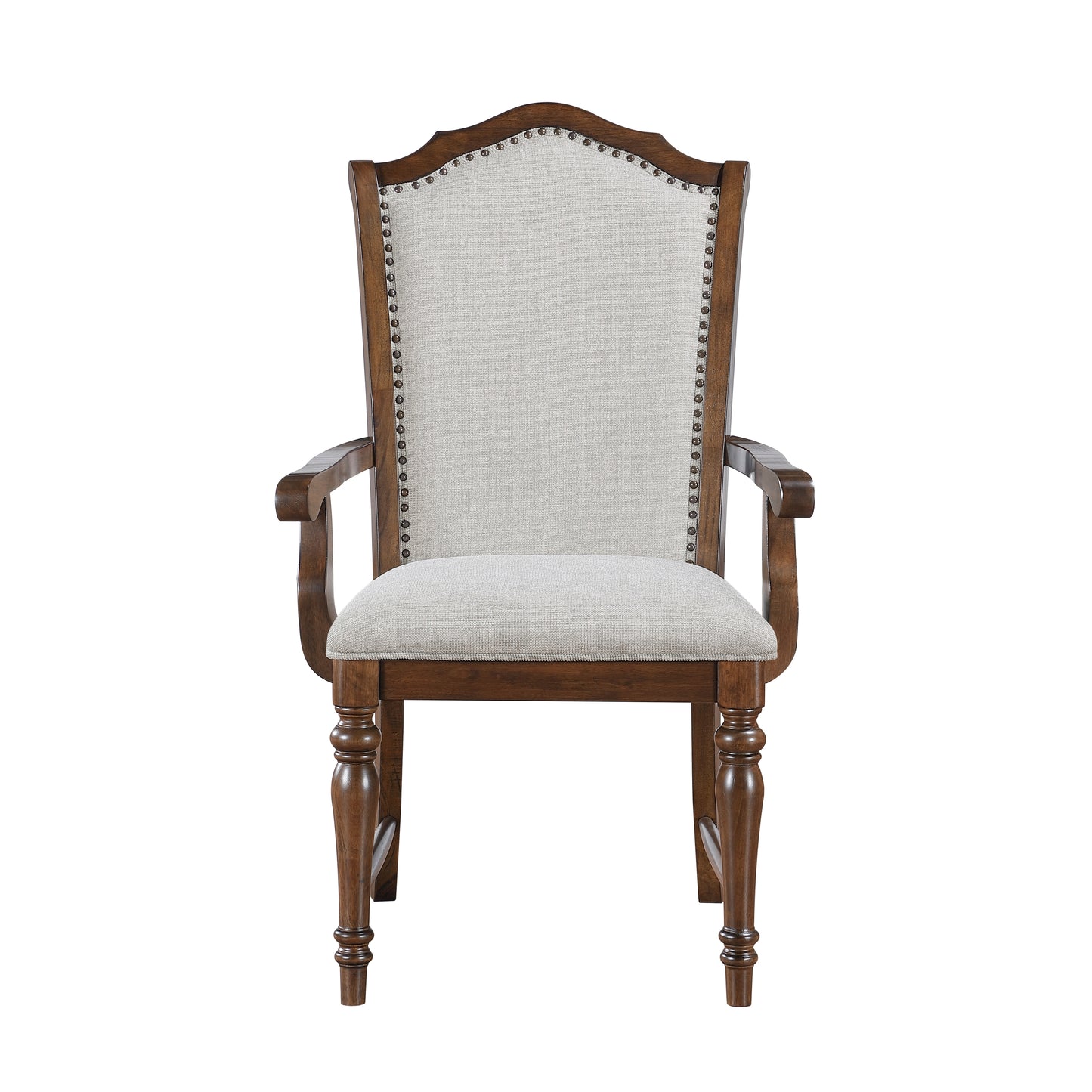 Upholstered dining chair with carved wooden frame and nailhead trim