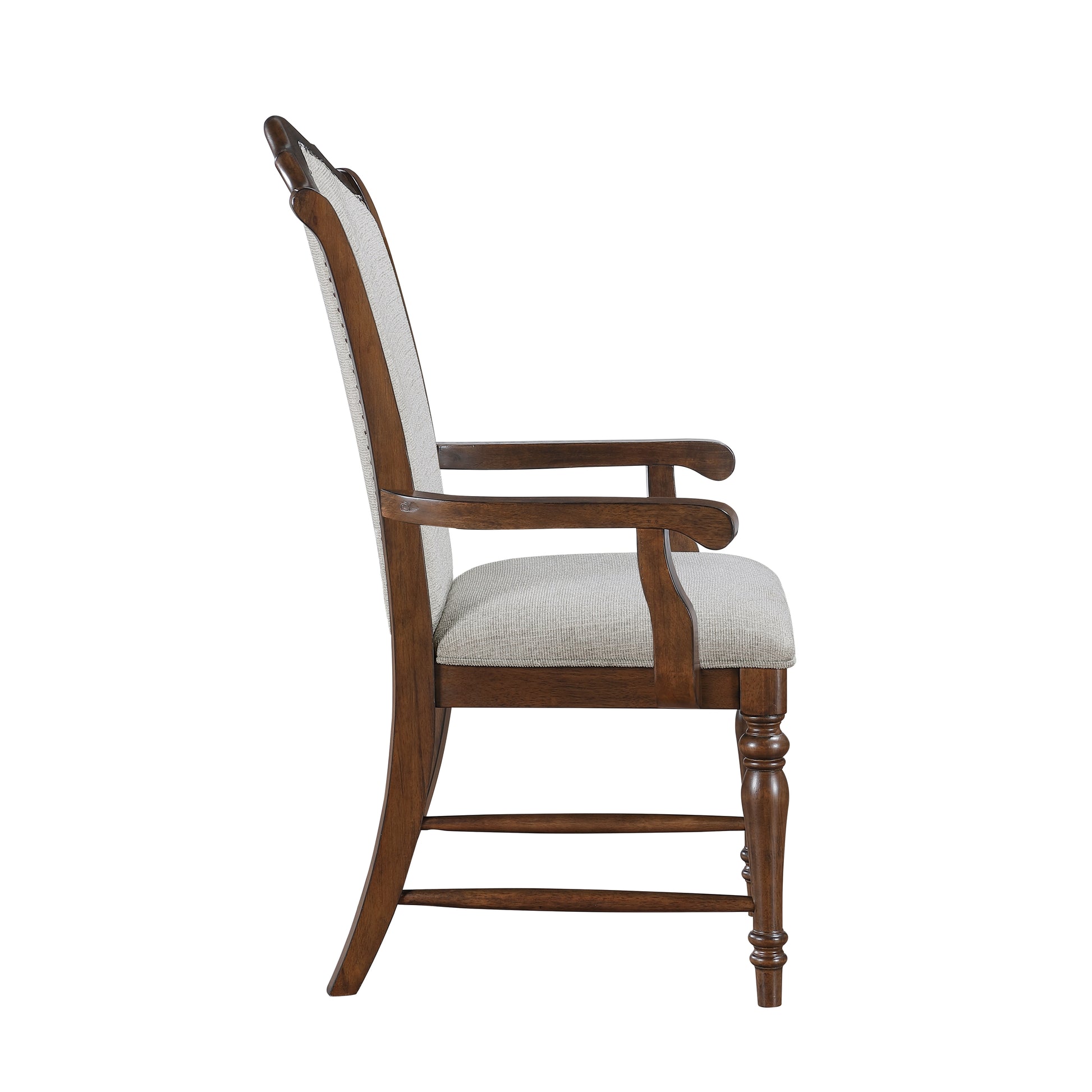 Classic wooden armchair with light gray upholstered seat and back perfect for dining rooms