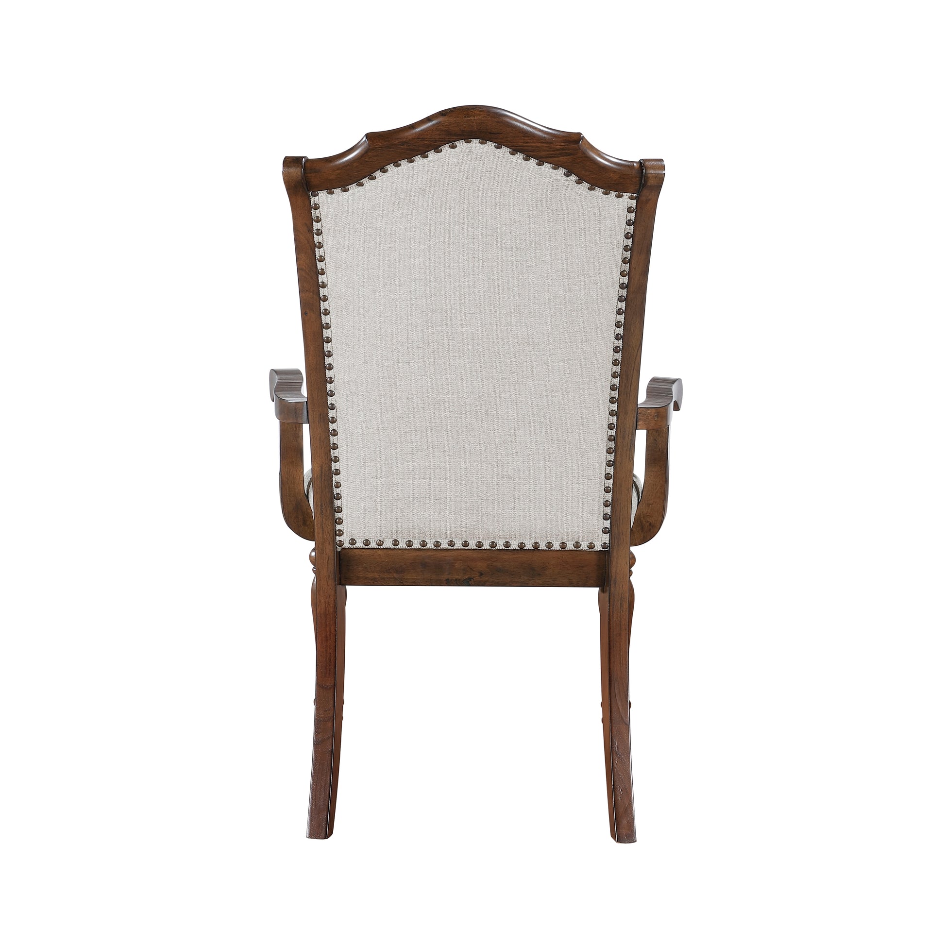 Traditional armchair with dark wood frame beige linen upholstery and nailhead trim details