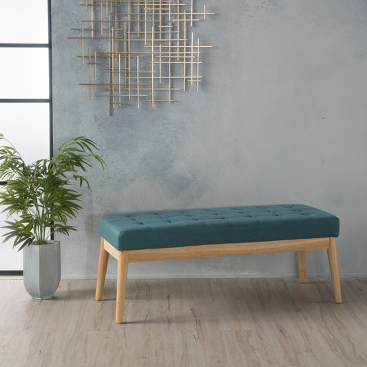 Teal tufted bench with natural wood legs