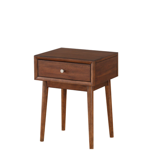 Midcentury modern walnut end table with one drawer and silver knob
