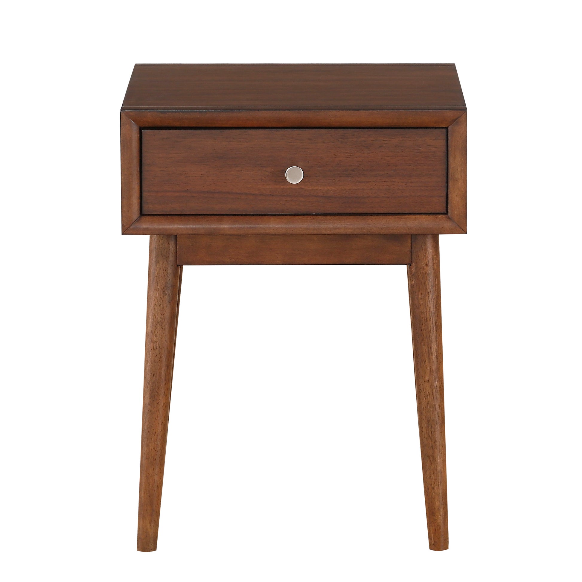 Dark walnut midcentury modern nightstand with one drawer and tapered legs