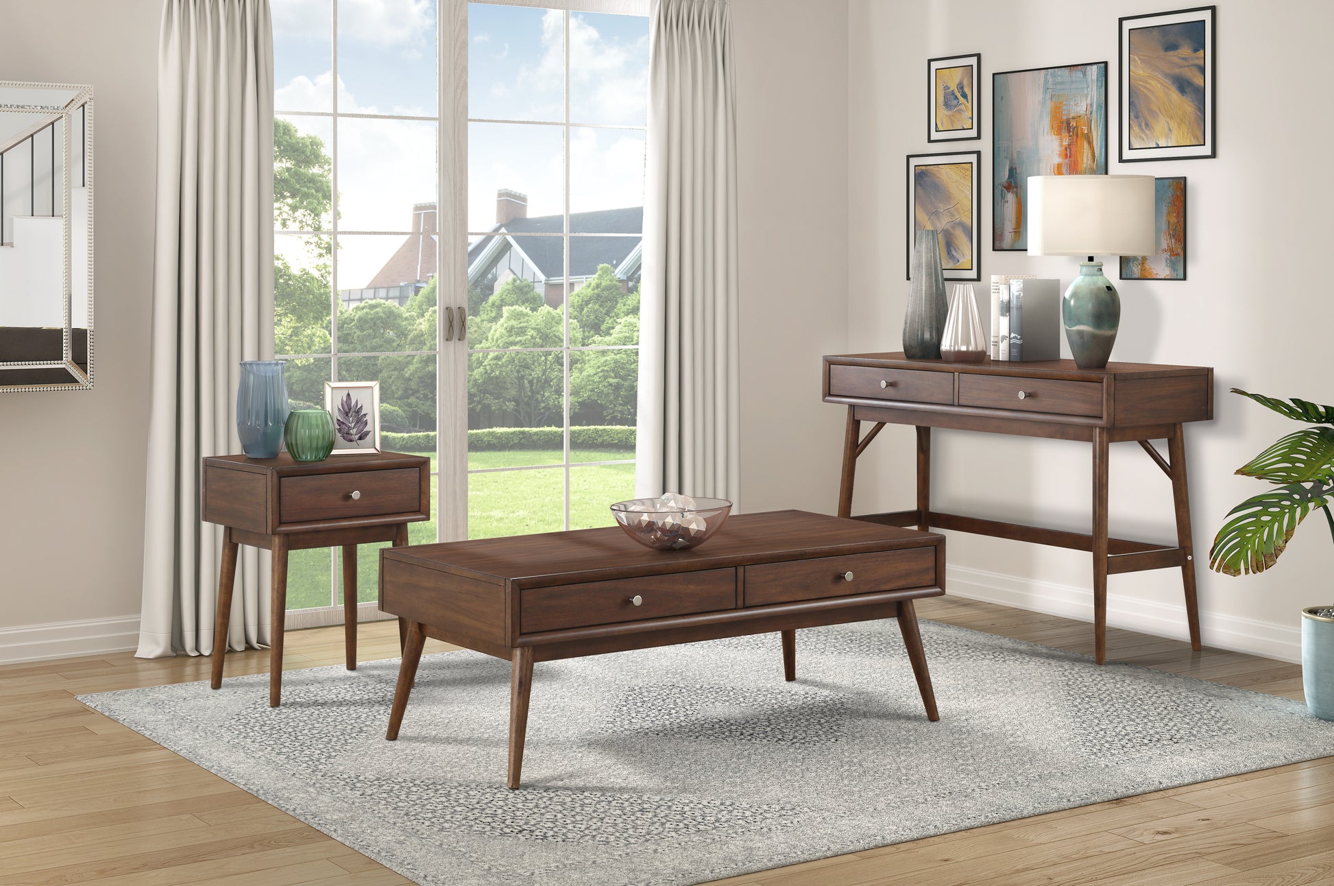 Midcentury modern coffee table in dark walnut with two drawers and tapered legs