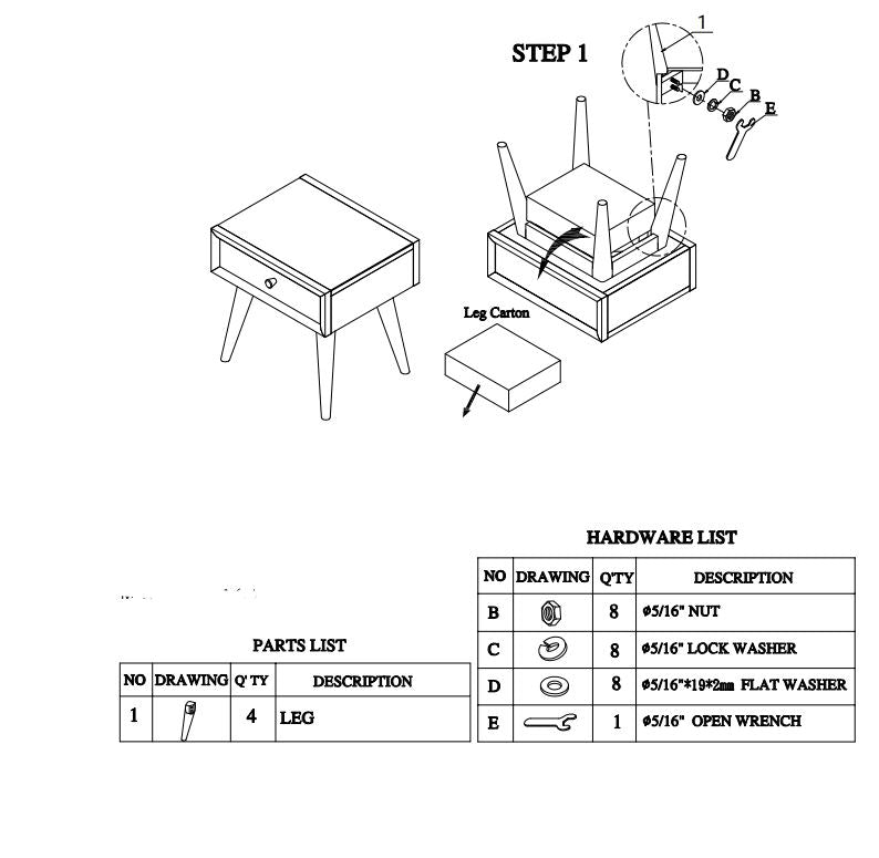 Assembly step  for a nightstand showing how to attach legs using hardware