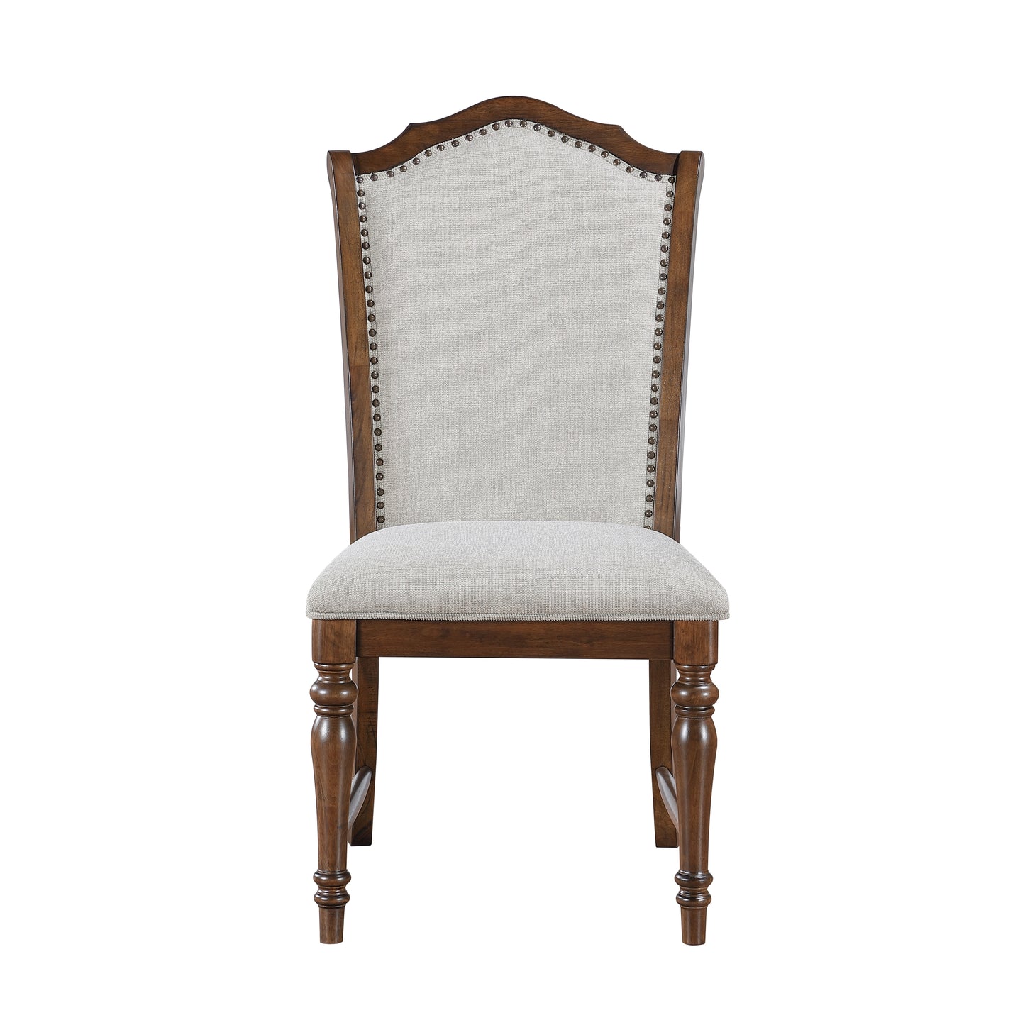 Ornate dining chair with carved wood legs and upholstered light gray seat and back