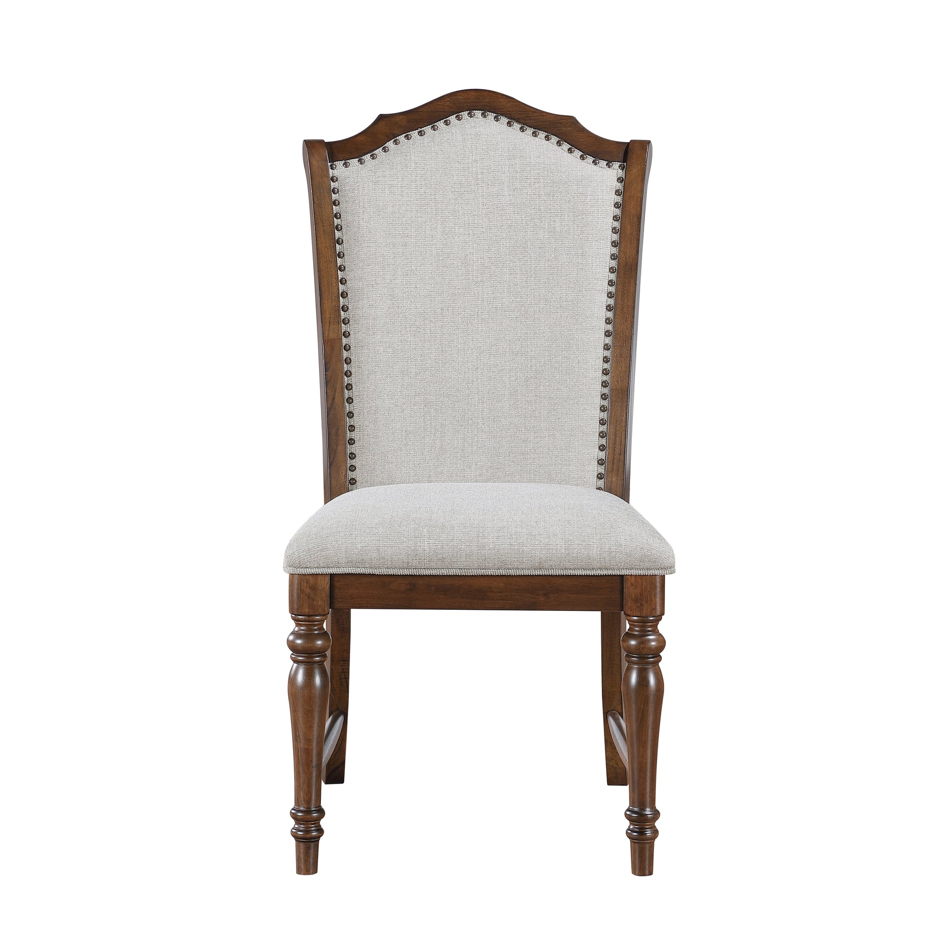 Ornate dining chair with carved wood legs and upholstered light gray seat and back