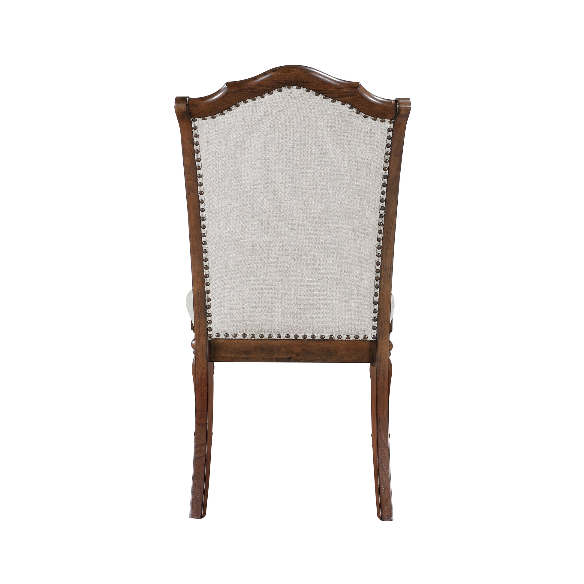 Tufted back dining chair with curved wooden frame and nailhead trim