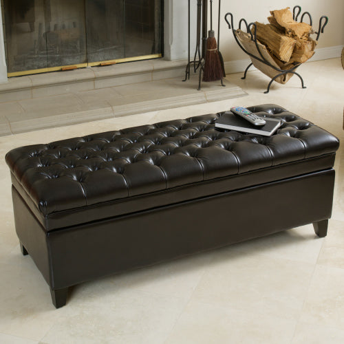 Tufted brown leather storage ottoman with clean lines