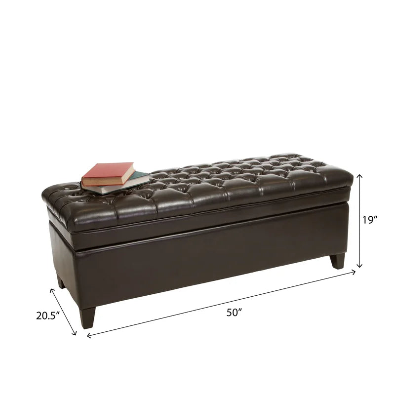 Dark brown tufted faux leather storage ottoman bench with gold trim