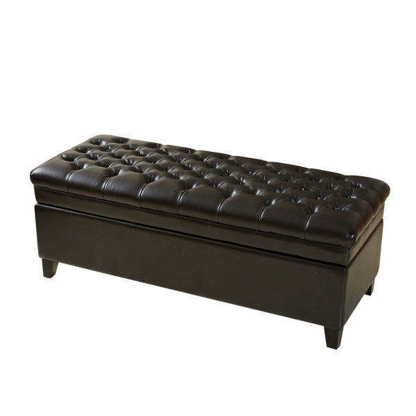 Black leather tufted storage ottoman