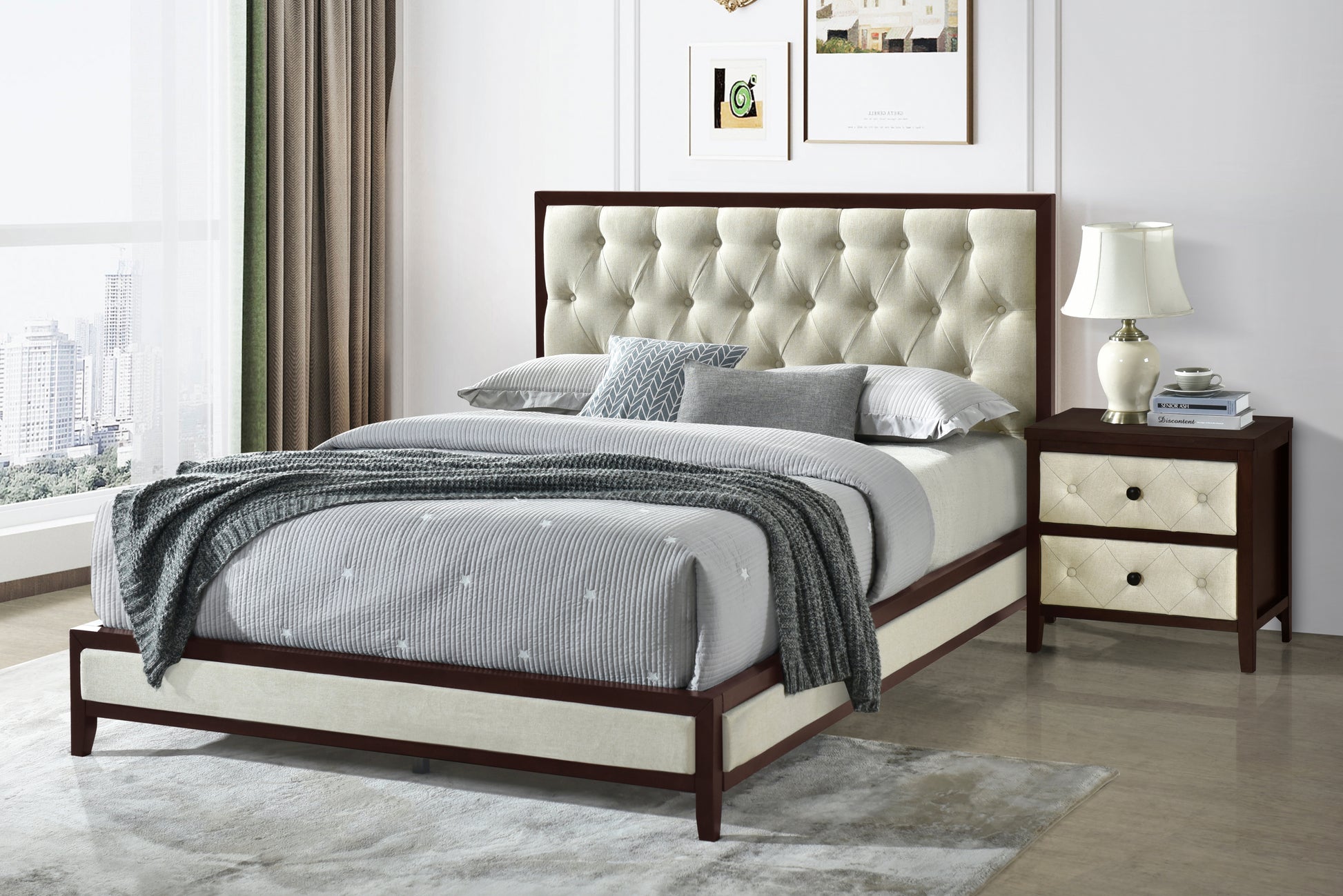 Tufted upholstered king bed frame with dark wood trim and beige fabric side rails