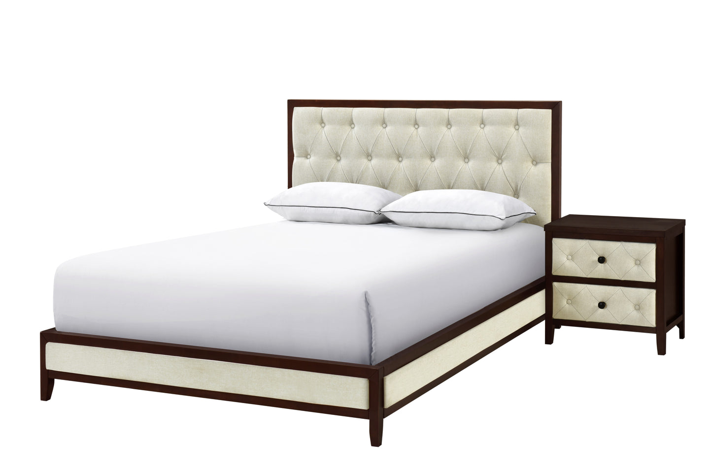 Kingsized upholstered bed with tufted cream headboard and dark wood frame