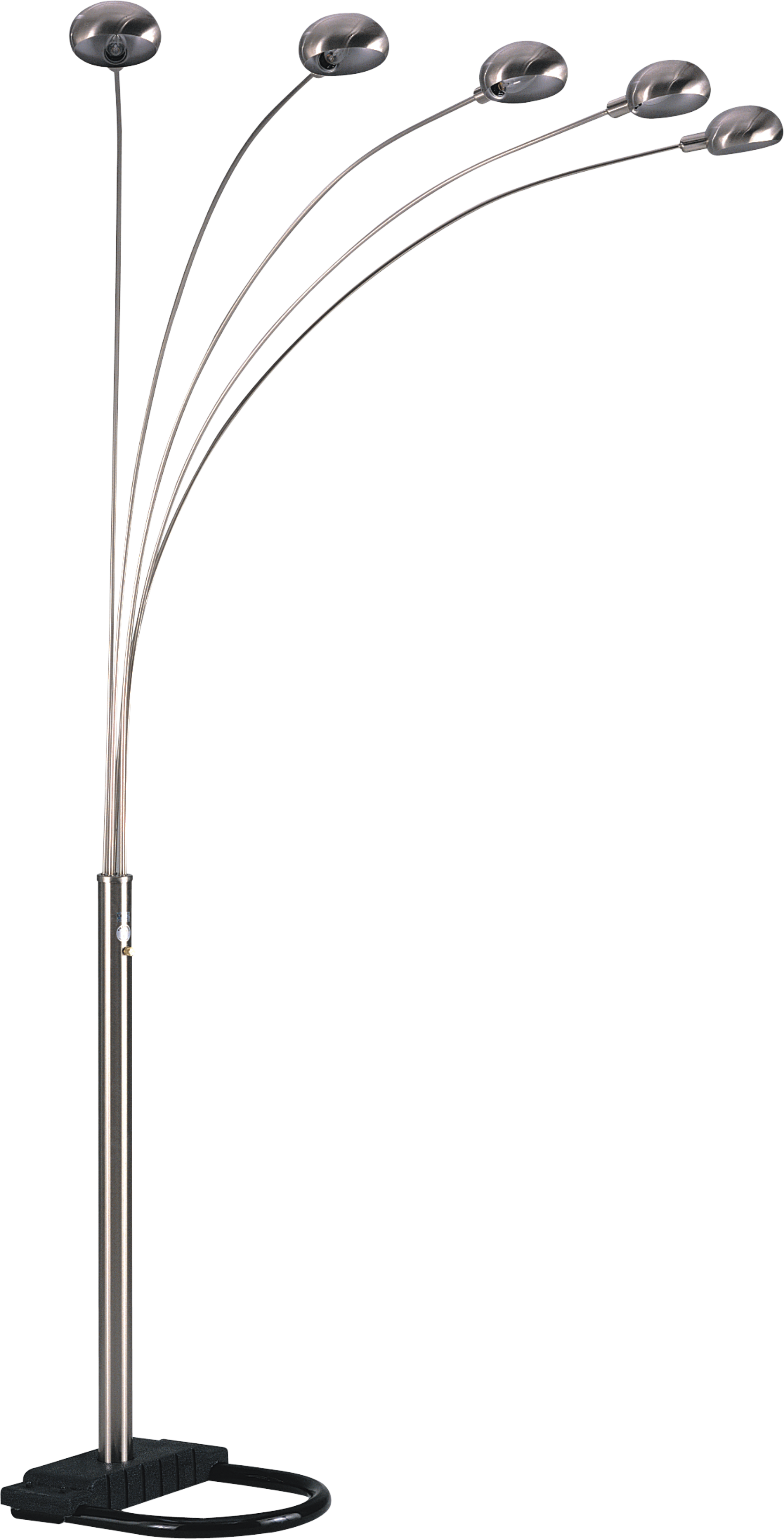 Modern silver arc floor lamp with five adjustable brushed nickel dome lights and a black weighted base